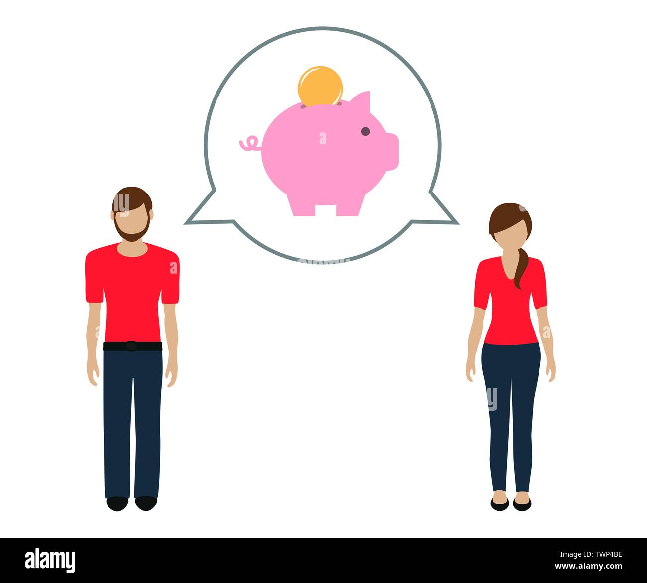 Mann und Frau sprechen über das Speichern von Geld im Sparschwein Vektor-illustration EPS 10. Stock Vektor