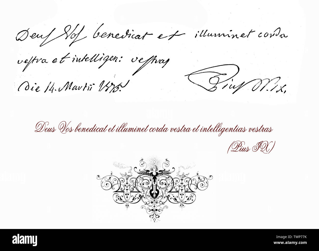Handgeschriebene Karte in lateinischer Sprache mit dem Segen von Papst Pius IX. und seine Autogramm Stockfoto