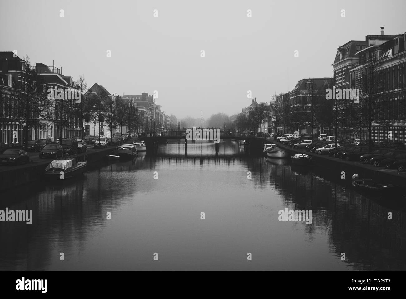 Charmantes Stadtbild der alten holländischen Stadt Haarlem. Steinerne Brücke verbindet zwei Ufer der Spaarne River. Schöne Perspektive. Neblig und bewölkt frühen sp Stockfoto