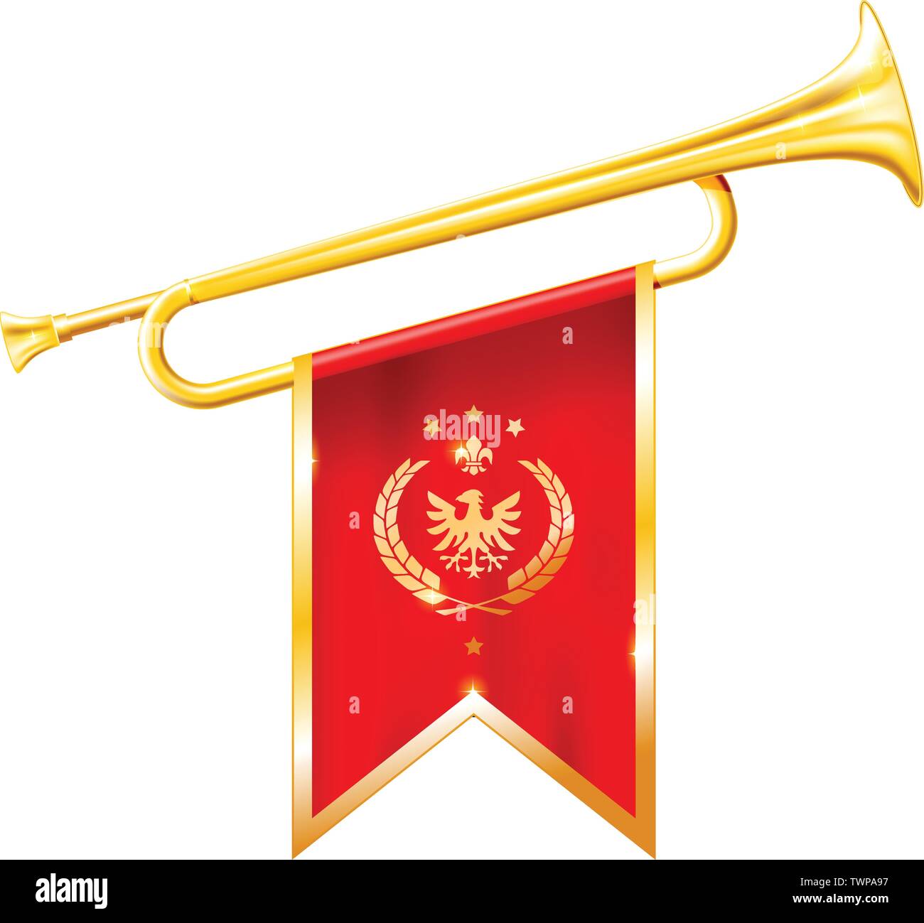 Antike royal Horn - Trompete mit triumphalen Flagge, triumph Konzept Stock Vektor