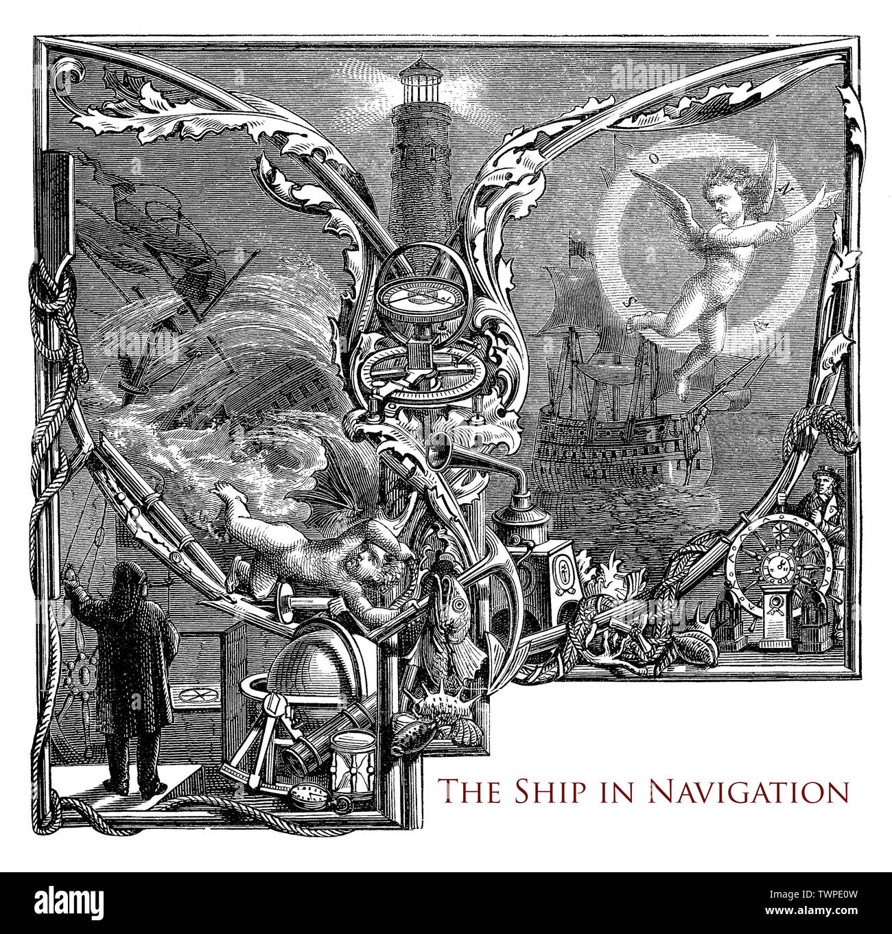 Typografie: das Schiff in navigation Kapitel aus dem 19. Jahrhundert, maritime Ausrüstung, ein Leuchtturm, Segelschiffe, Segler auf das Ruder, Sturm und schönem Wetter, mythologische Putten Stockfoto