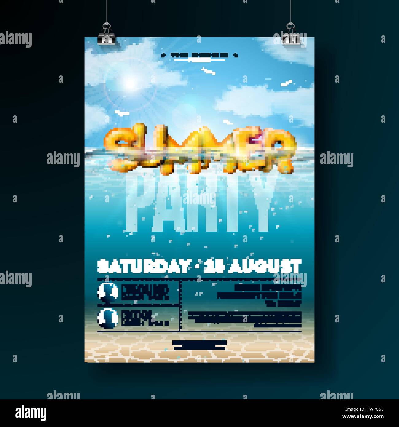 Vektor Sommer Beach Party Flyer Design mit 3D-Typografie Buchstabe auf Unterwasser Blue Ocean Hintergrund. Realistische Sommer Urlaub Design Stock Vektor