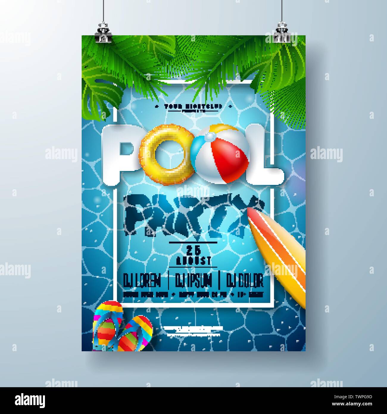 Sommer Pool Party Poster Design Template mit Palmblättern, Wasser, Wasserball und Schwimmen auf blauen Ozean Landschaft Hintergrund. Vektor Feiertag Illustration Stock Vektor