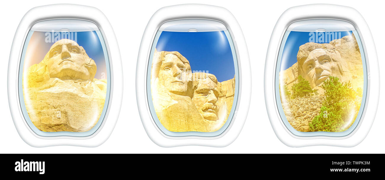 Drei Bullaugen rahmen Windows auf Luftaufnahme von Mount Rushmore National Memorial der Vereinigten Staaten von Amerika bei Sonnenuntergang. Uns historische Präsidenten Stockfoto