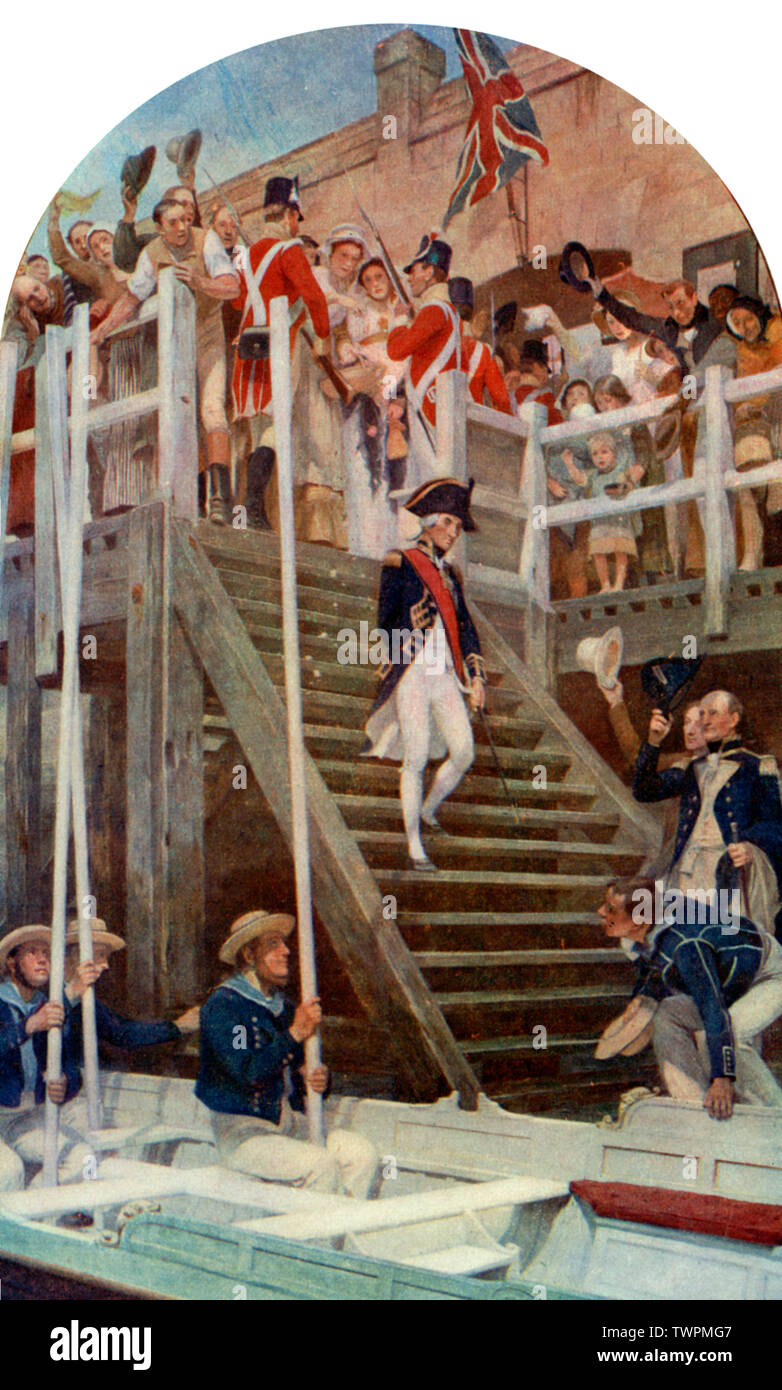 „Abschied von Nelson“, Portsmouth, 14.. September 1805. Von Andrew Carrick Gow (1848-1920). Das 1904 in der Royal Academy ausgestellte Gemälde wurde dem ersten hundertsten Todestag von Nelson vorausgestellt. Admiral Horatio Nelson, 1. Viscount Nelson, KB (1758-1805). Nelson war vor allem für seine Führungsqualitäten und seine strategischen Fähigkeiten sowie seine unkonventionellen Taktiken bekannt, insbesondere während der Napoleonischen Kriege. Stockfoto