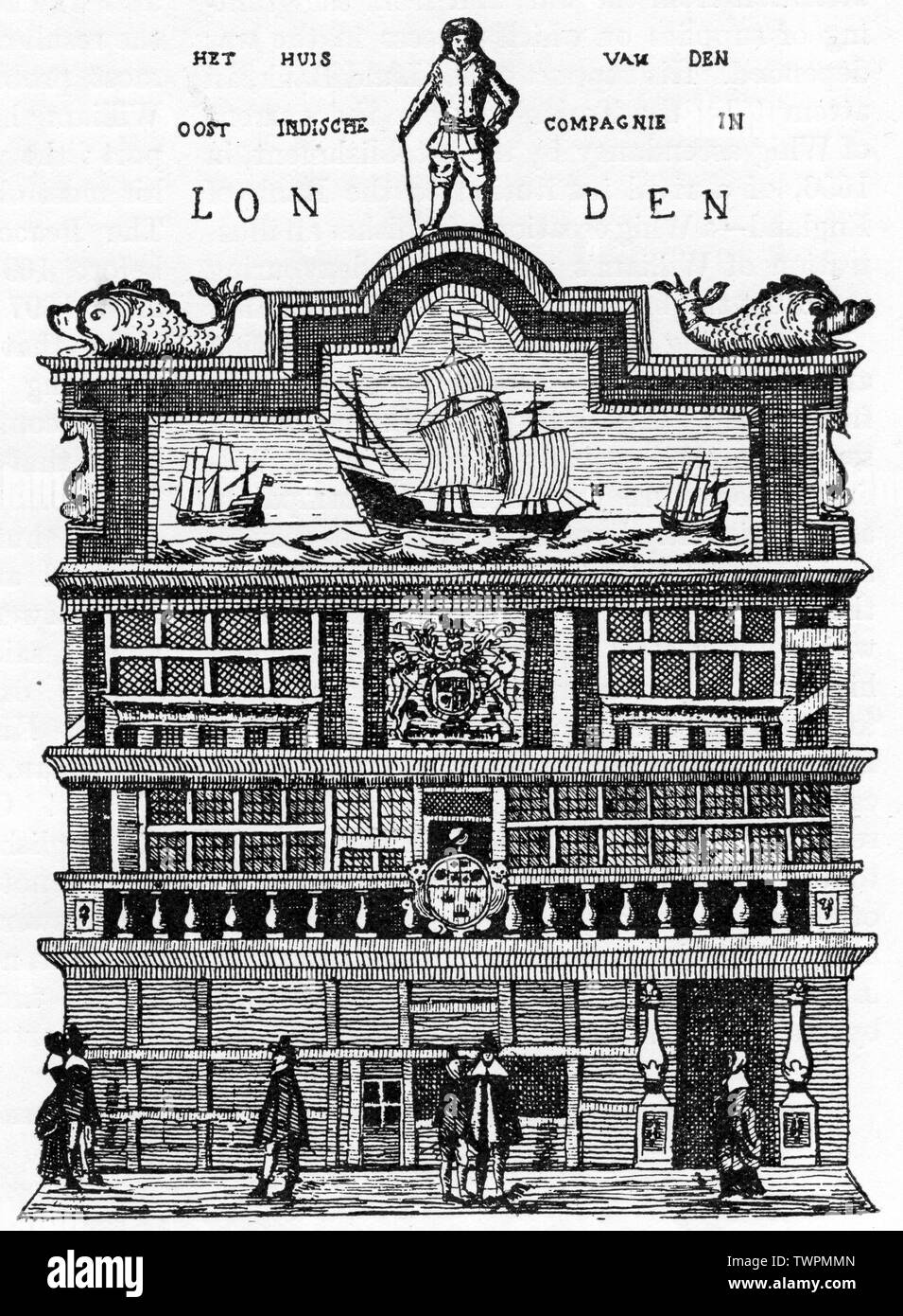 "Die alten East India House, Leadenhall Street, 1648-1726". Von Frederick Craces'' Portfolio mit Blick auf London'. Blick auf East India House, bevor es 1726 wieder aufgebaut wurde. Stockfoto