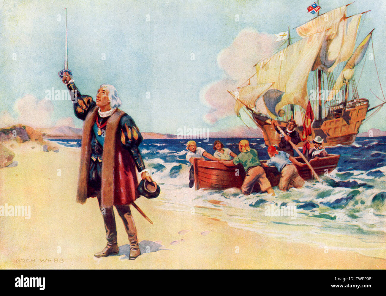 „Columbus landet in Amerika, 12.. Oktober 1492“. Von Archibald Bertram Webb (1887-1944). Christopher Columbus (1451-1506) war ein italienischer Entdecker, Navigator und Kolonisator. Obwohl Kolumbus nicht der erste europäische Forscher war, der Amerika erreichte (Leif Ericson erreichte Amerika im 11.. Jahrhundert), führten die Reisen Kolumbus zum ersten dauerhaften europäischen Kontakt mit Amerika. Kolumbus wird gesehen, wie er auf einer der Inseln der heutigen Bahamas landet, die er San Salvador nennen würde. Stockfoto