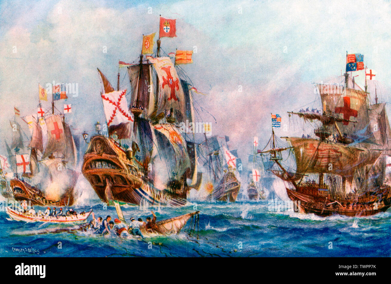 „Der glorreiche Sieg von Elisabeths Seeleuten über der spanischen Armada, 1588“. Von Charles De Lacy (1856-1929). Die spanische Armada war eine spanische Marineflotte, die von König Philipp II. Von Spanien (1527-1598) berühmt wurde, um Großbritannien im Jahr 1588 anzugreifen. Es wurde von der Royal Navy of England unter dem Kommando von Sir Francis Drake (c1540-1596), während der Herrschaft von Königin Elizabeth I (1533-1603) besiegt. Stockfoto
