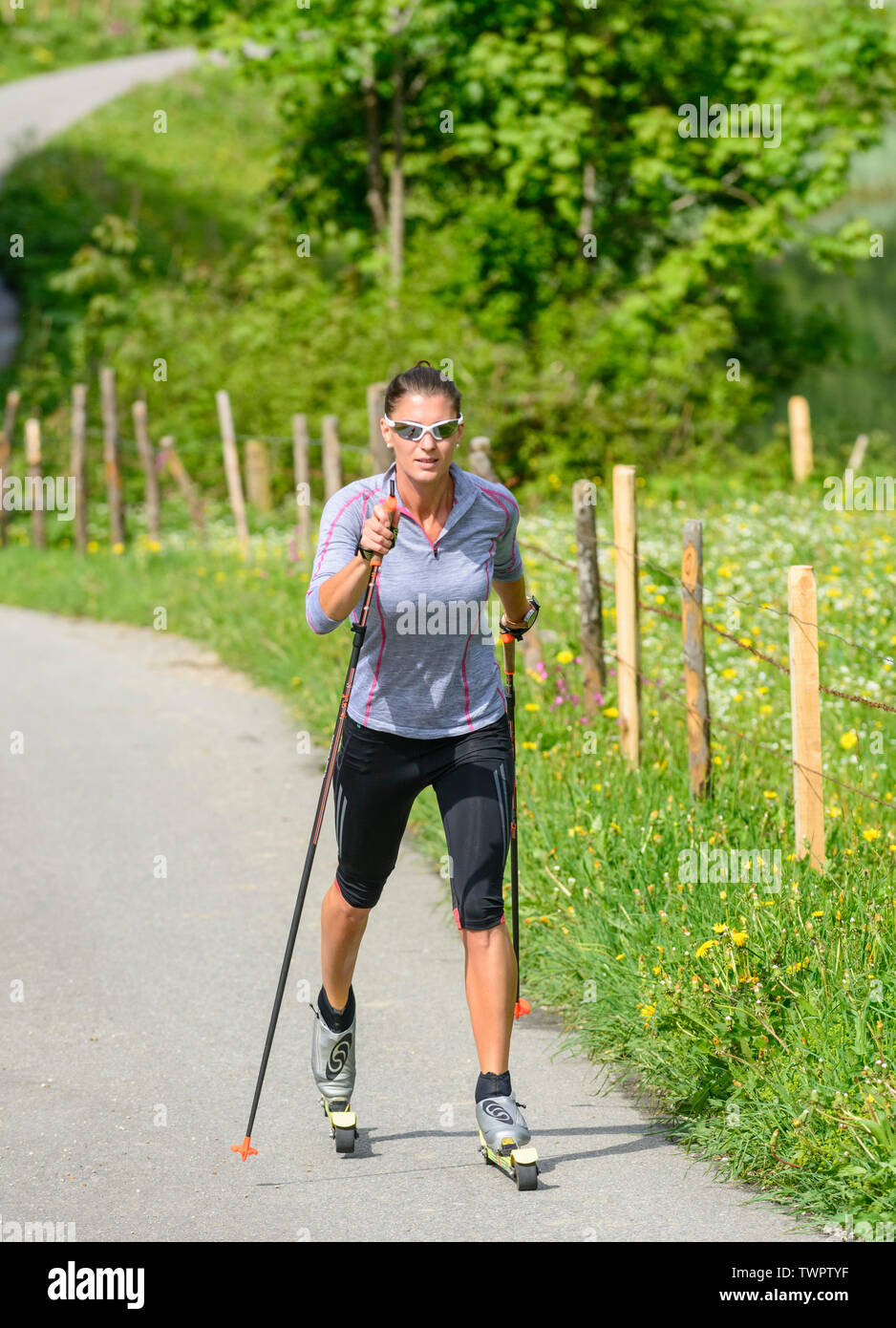 CC-Skifahrer während einer Trainingseinheit im Sommer Stockfoto