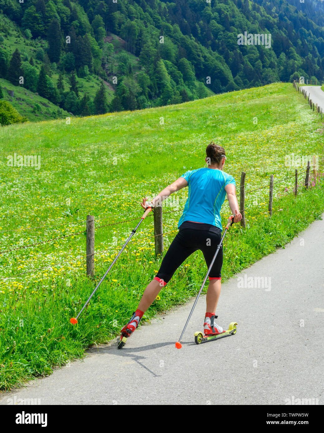 CC-Skifahrer während einer Trainingseinheit im Sommer Stockfoto