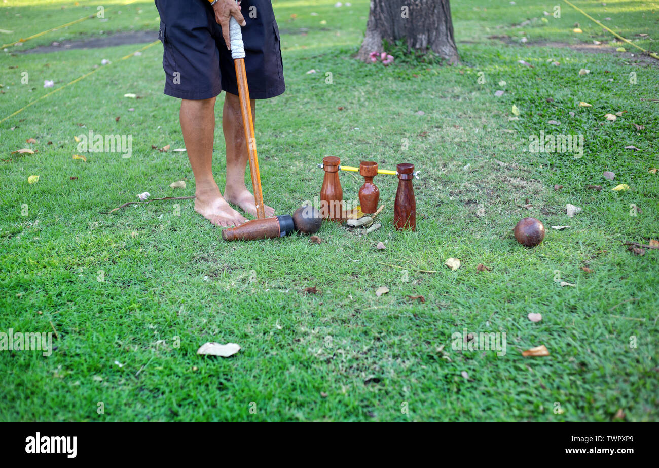 Spielen Holz Kugel outdoor Sport Spiel auf grünem Gras Stockfoto