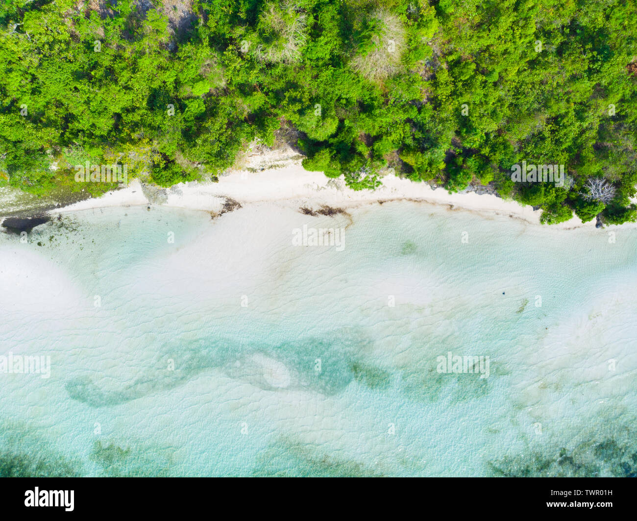 Luftbild von Oben nach Unten anzeigen tropisches Paradies unberührte Strand Regenwald blaue Lagune bei Banda Insel Pulau Ay. Indonesien Molukken Archipel, Travel des Stockfoto