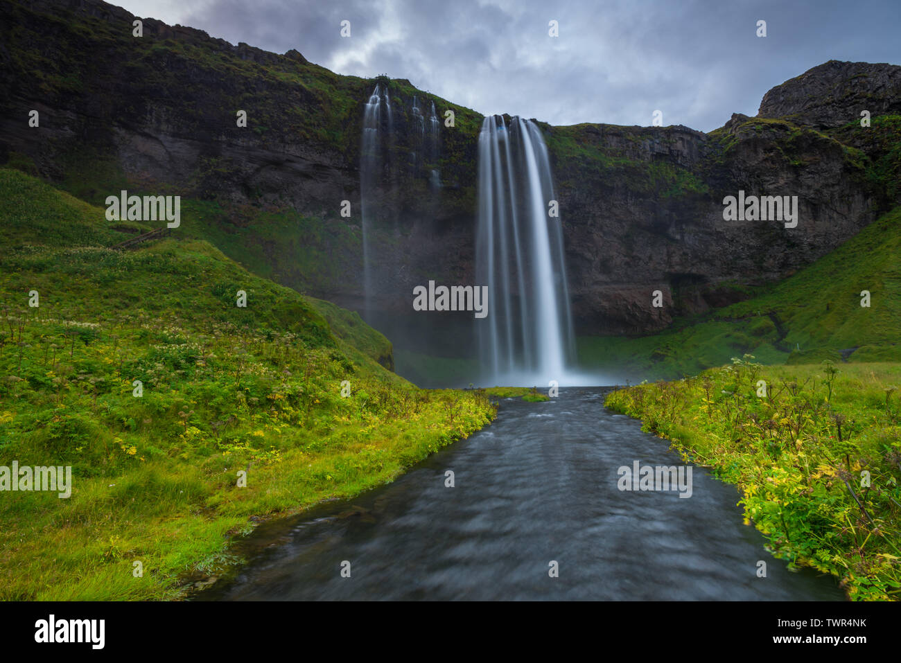 Seljalandsfoss Wasserfälle in Island. Lange Belichtung eines Wasserfalls fällt von einer hohen Klippe, grauen bedrohlicher Himmel und grünes Gras entlang der Flussufer. Stockfoto