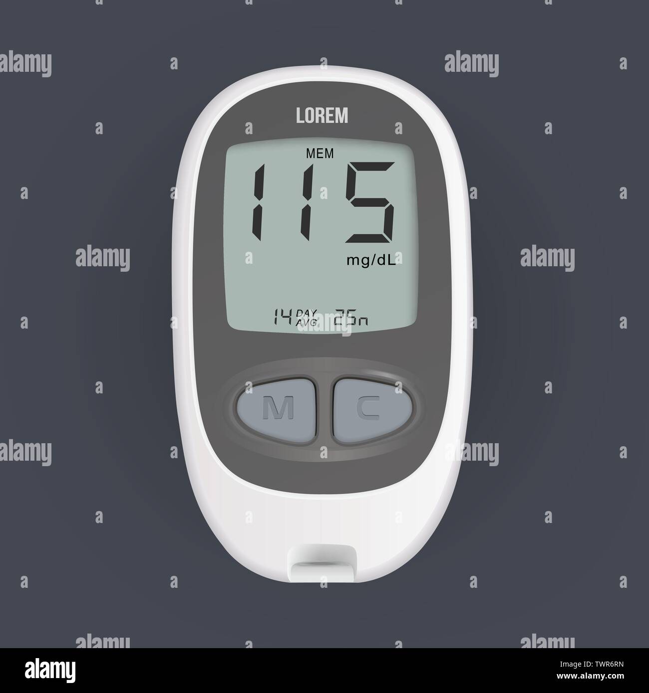 Realistische elektronisches Gerät, das zeigt der Zuckergehalt im Blut, Diabetes tester Symbol. Glucometer Vector Illustration Stock Vektor