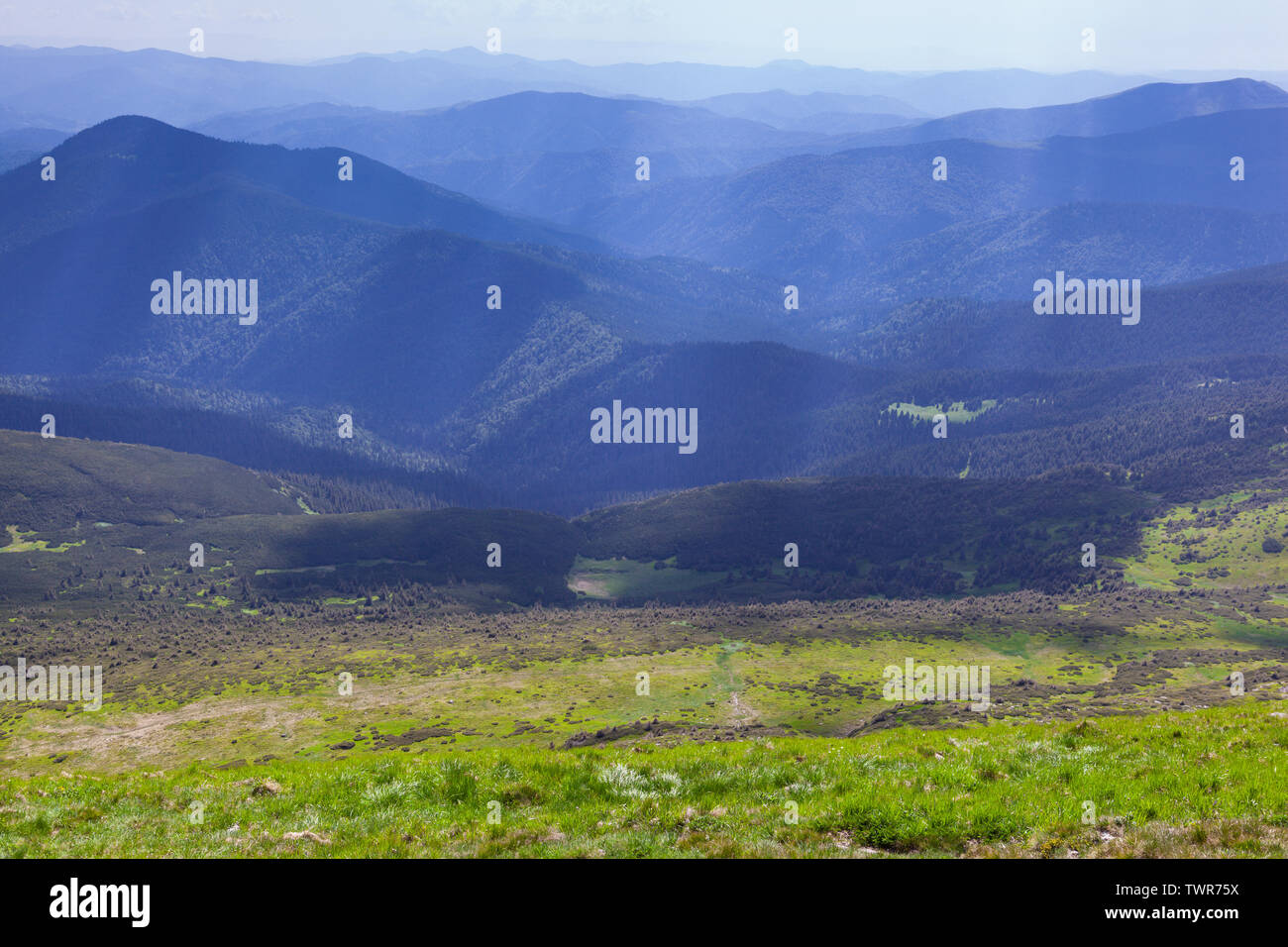 Die schöne Landschaft der Karpaten mit Sonnenstrahlen. Stockfoto