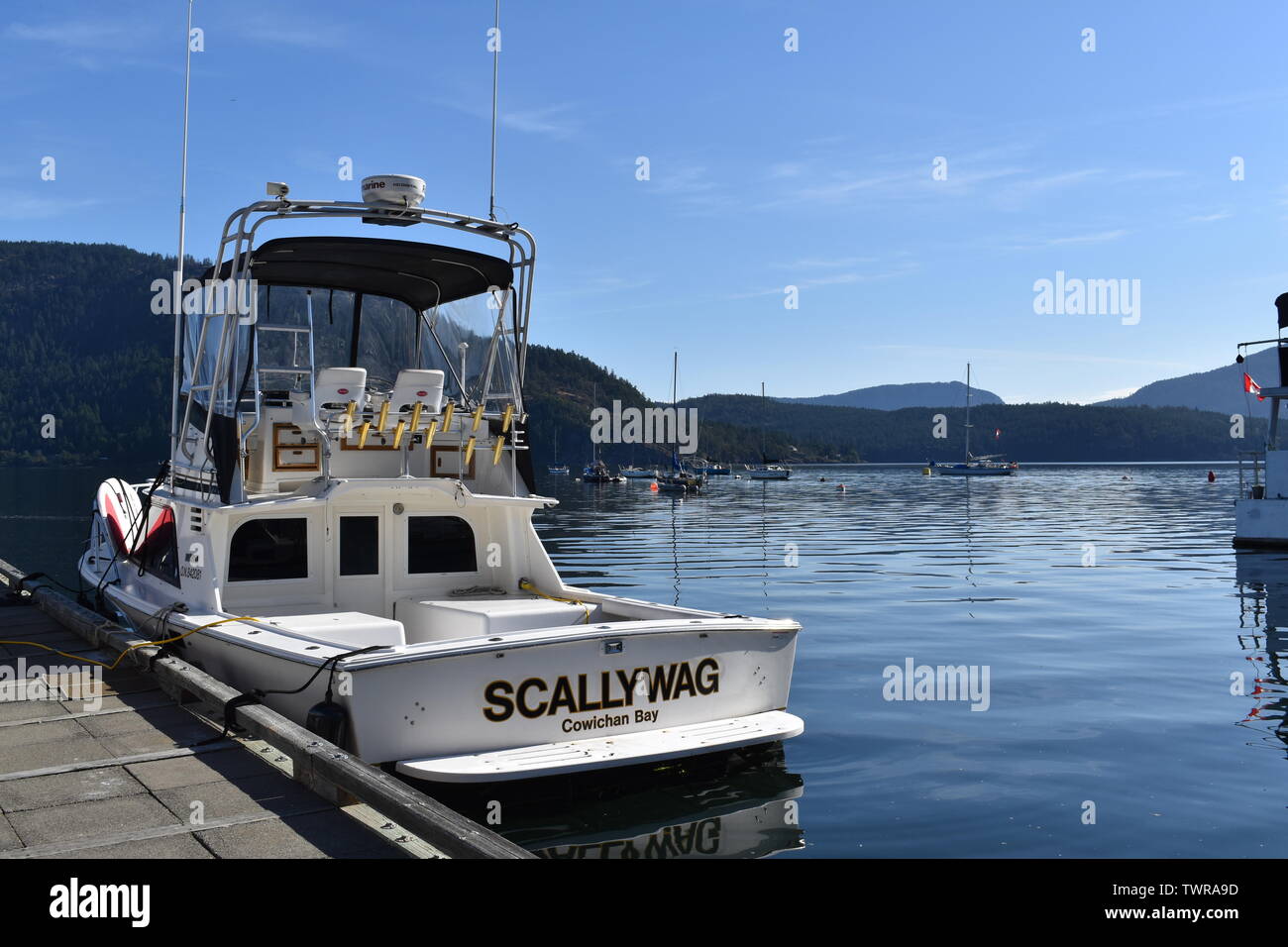 Ein Motorboot genannt Scallywag in Cowichan Bay Marina, BC, Kanada angedockt Stockfoto