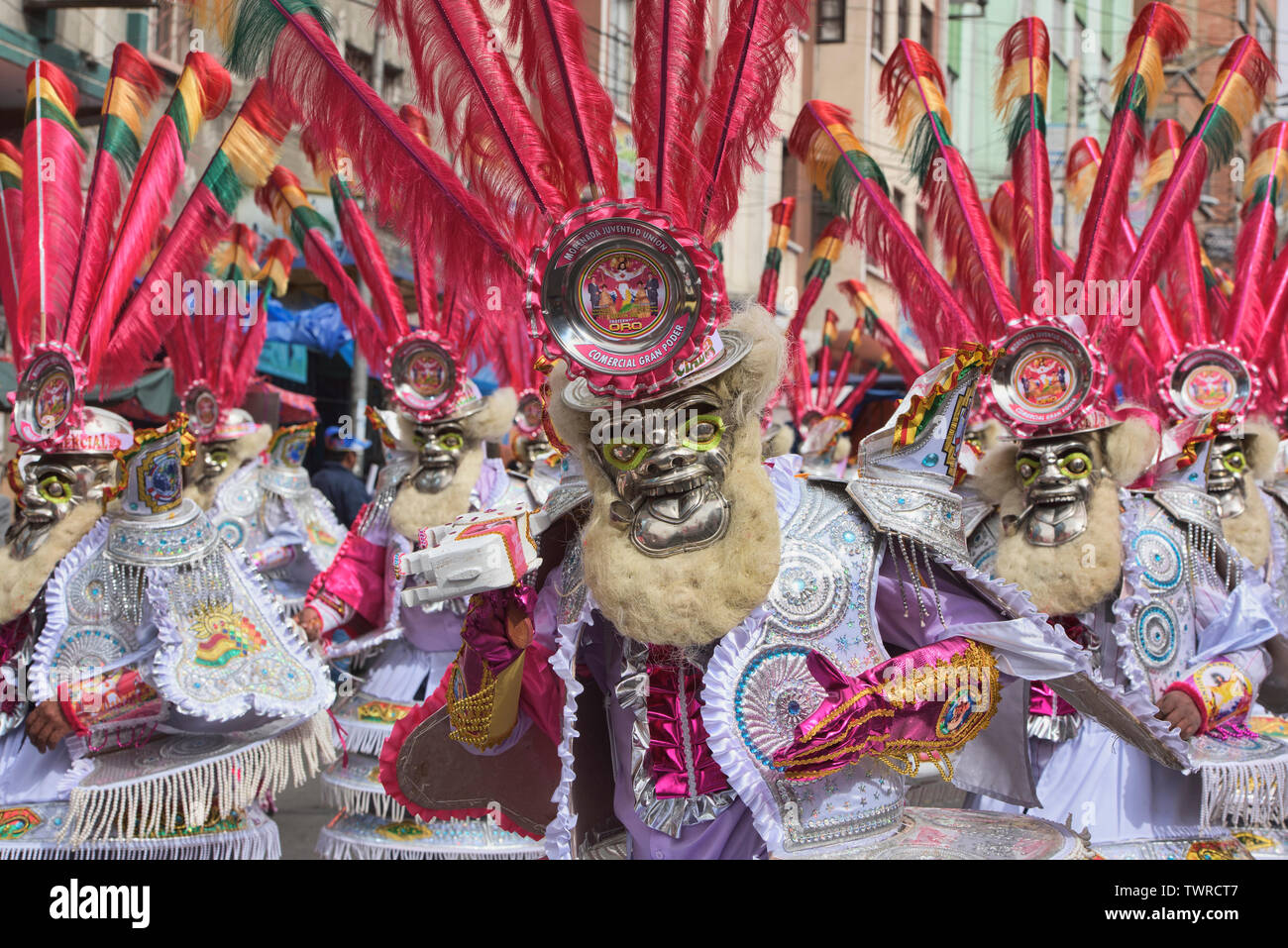 Maskierte Tänzer im Gran Poder Festival, La Paz, Bolivien Stockfoto