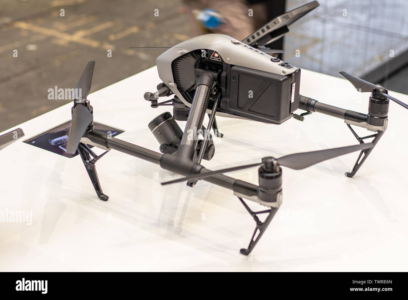 Berlin, Deutschland, August 2018 DJI Drone Inspire 2, Unmanned Aerial Vehicles - UAV, DJI Messestand auf globale Innovationen zeigen IFA 2018 Stockfoto