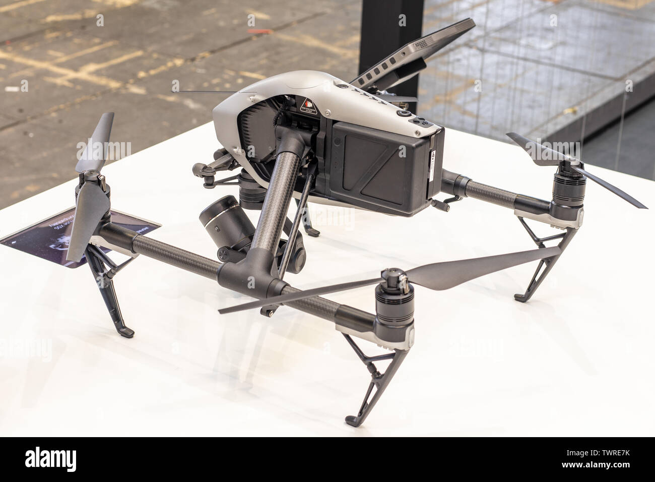 Berlin, Deutschland, August 2018 DJI Drone Inspire 2, Unmanned Aerial Vehicles - UAV, DJI Messestand auf globale Innovationen zeigen IFA 2018 Stockfoto