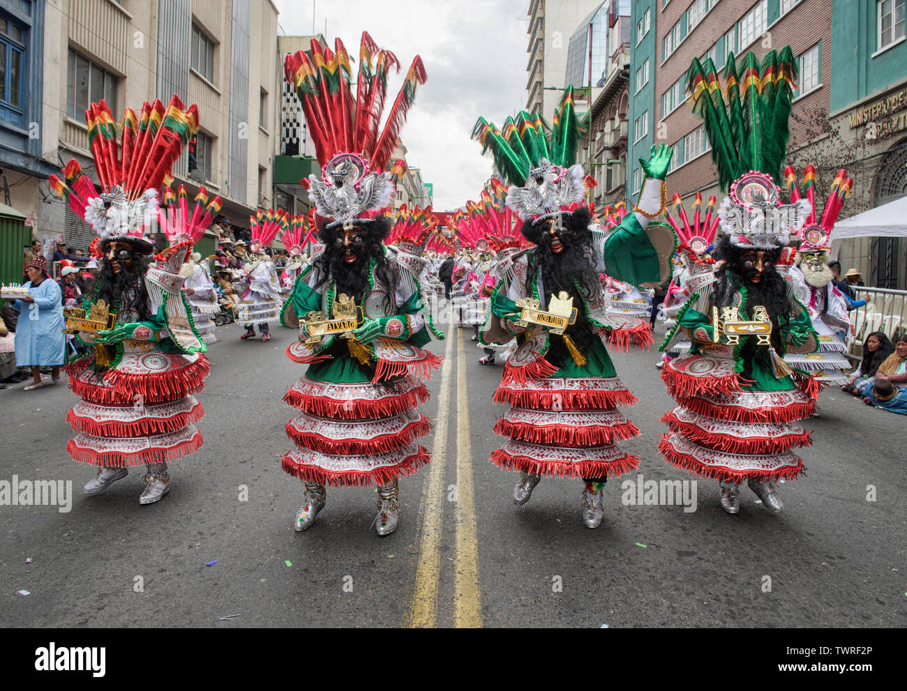 Maskierte Tänzer im Gran Poder Festival, La Paz, Bolivien Stockfoto