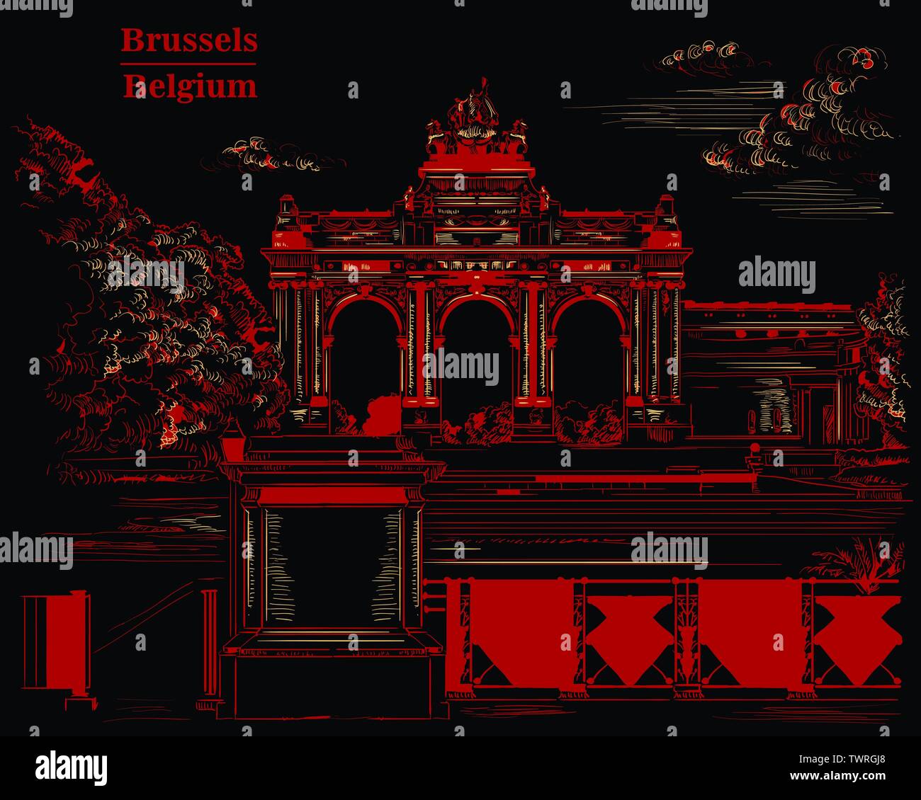 Der Triumphbogen im Park des 50. Jahrestag in Brüssel (Belgien). Wahrzeichen von Brüssel. Vektor Handzeichnung monochrome Darstellung in Stock Vektor