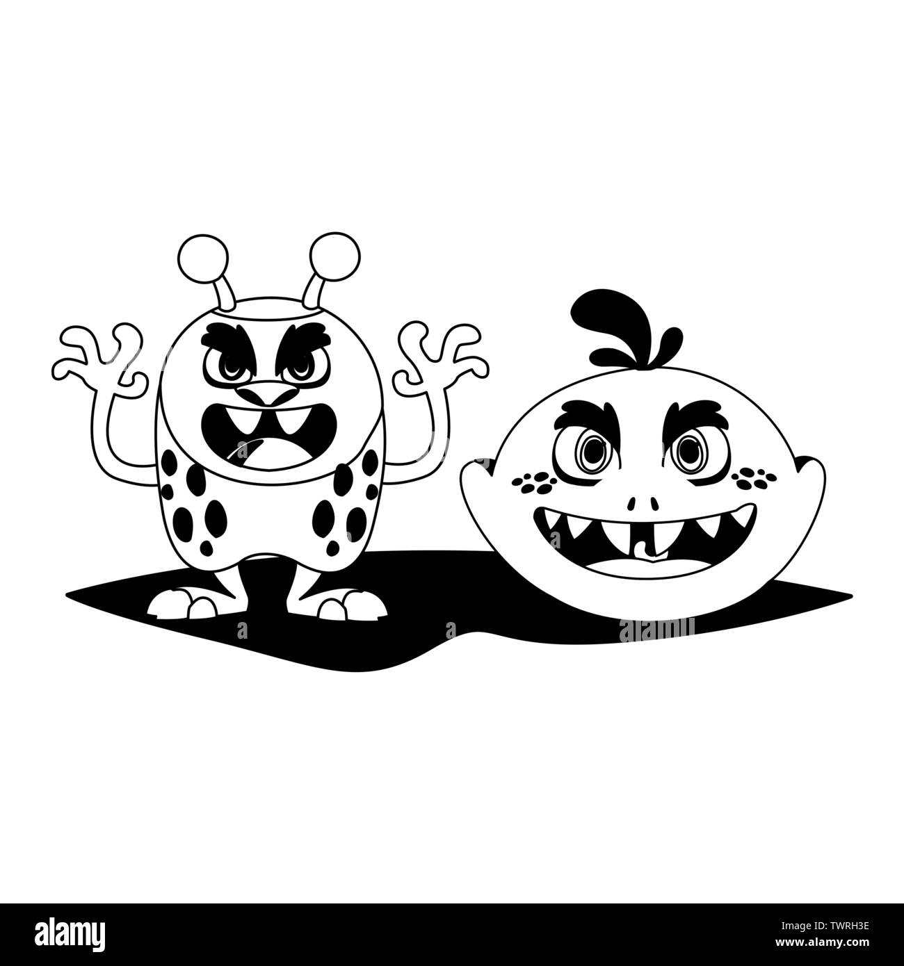 Lustige Monster paar komische Zeichen monochromen Vector Illustration Design Stock Vektor