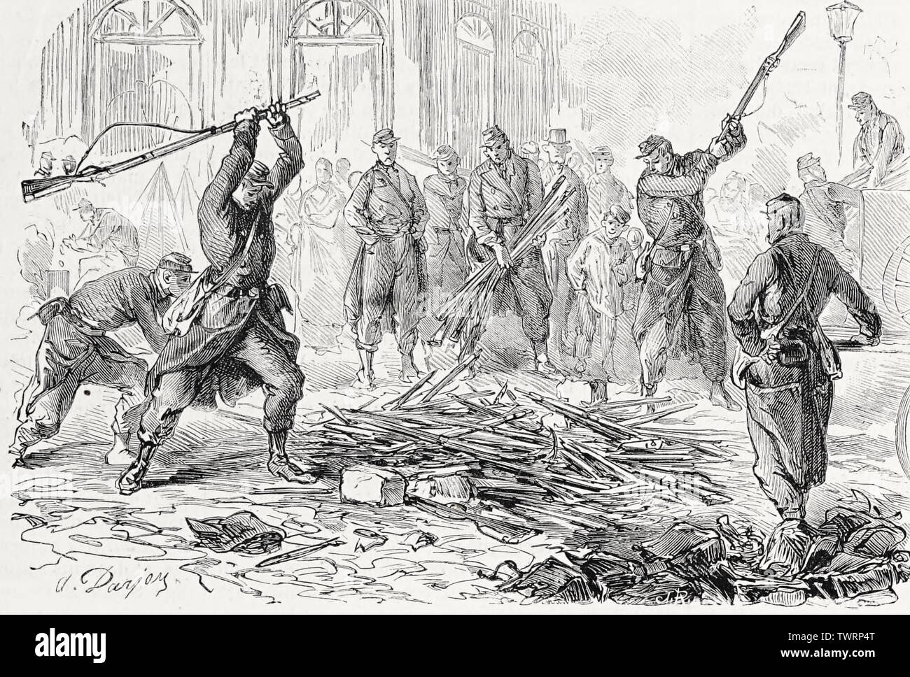 Die Zerstörung der Waffen von Aufständischen während der Pariser Kommune 1871 getroffen Stockfoto