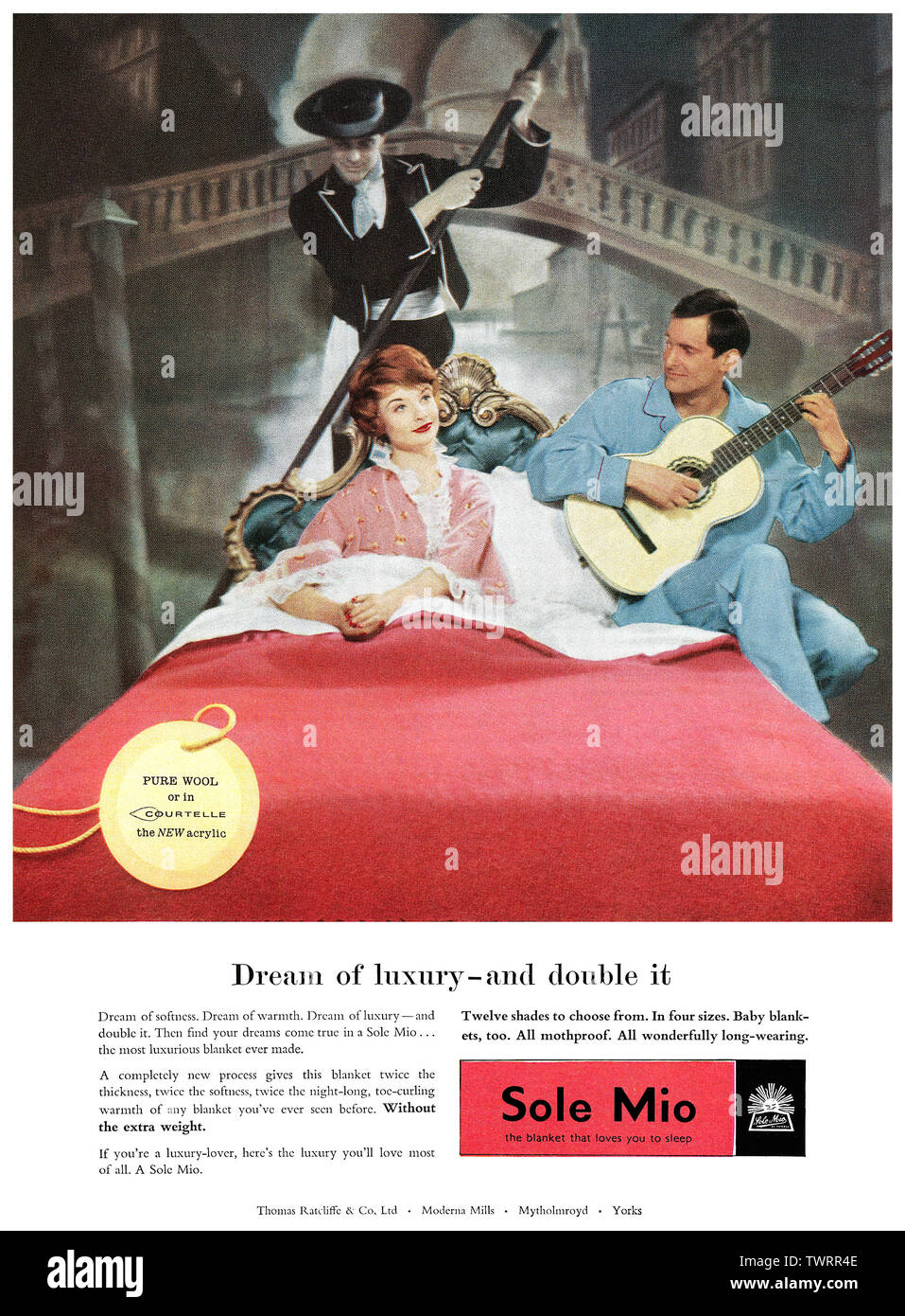 1958 britischen Werbung für Sole Mio Decken von Thomas Ratcliffe & Co. Stockfoto