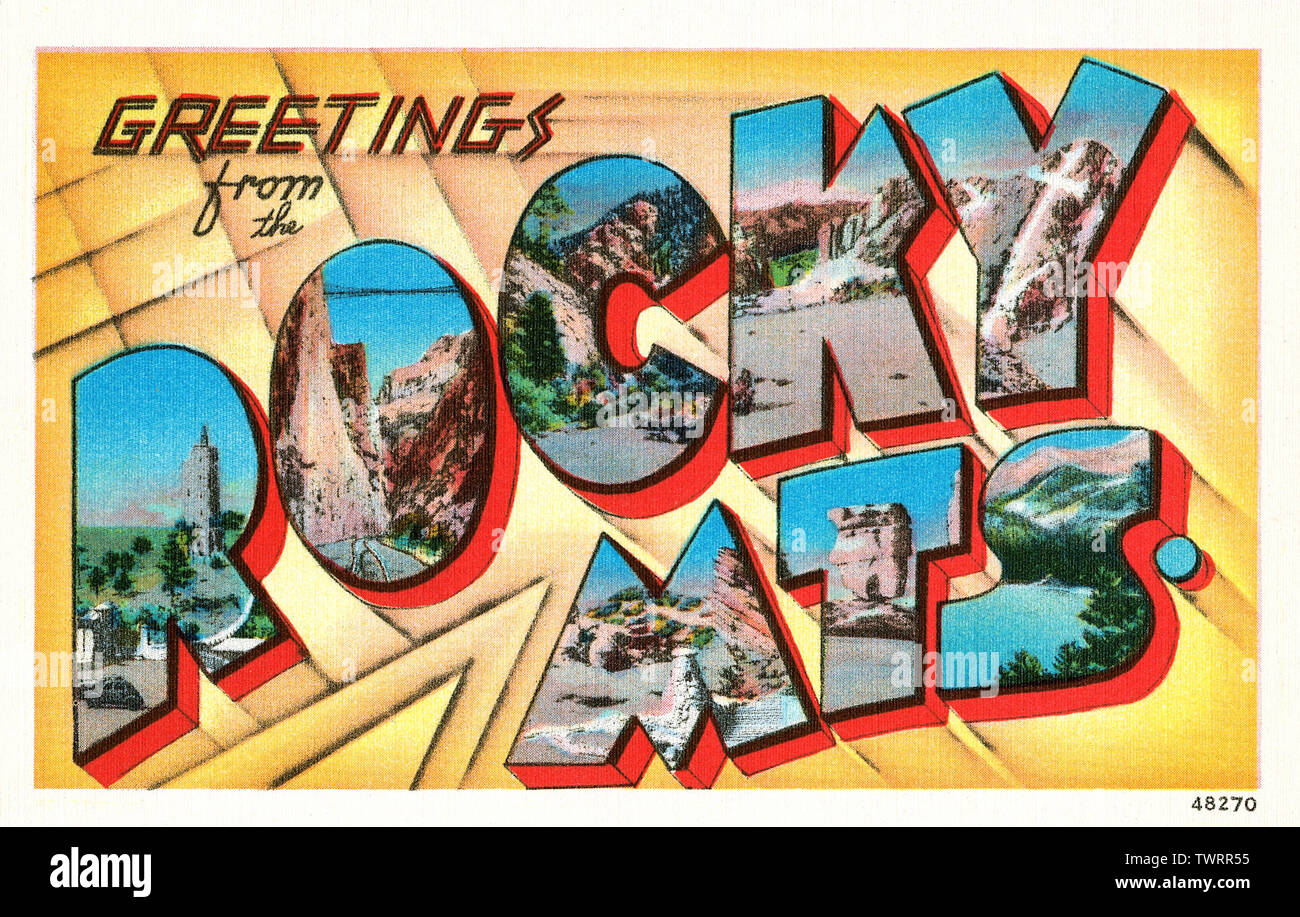 Grüße aus den Rocky Mountains US-Postkarte. Stockfoto