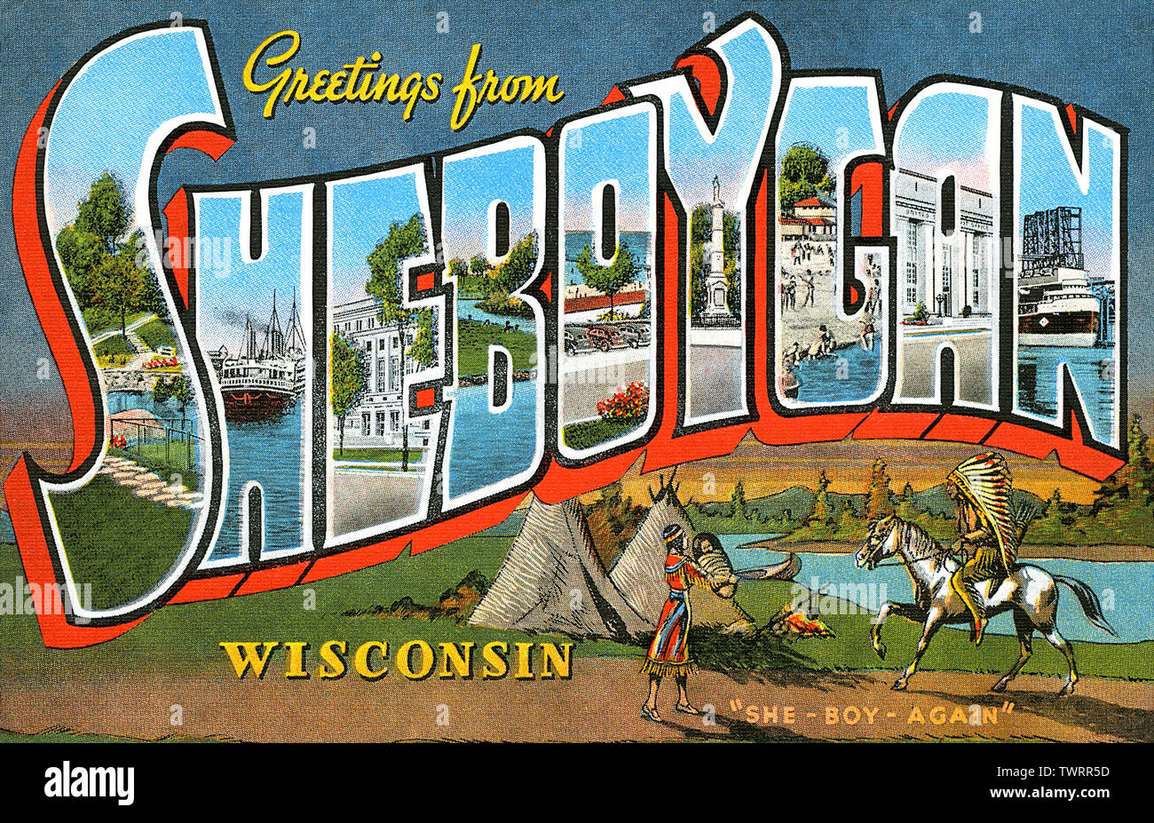 Grüße aus Sheboygan, Wisconsin USA Ansichtskarte. Stockfoto