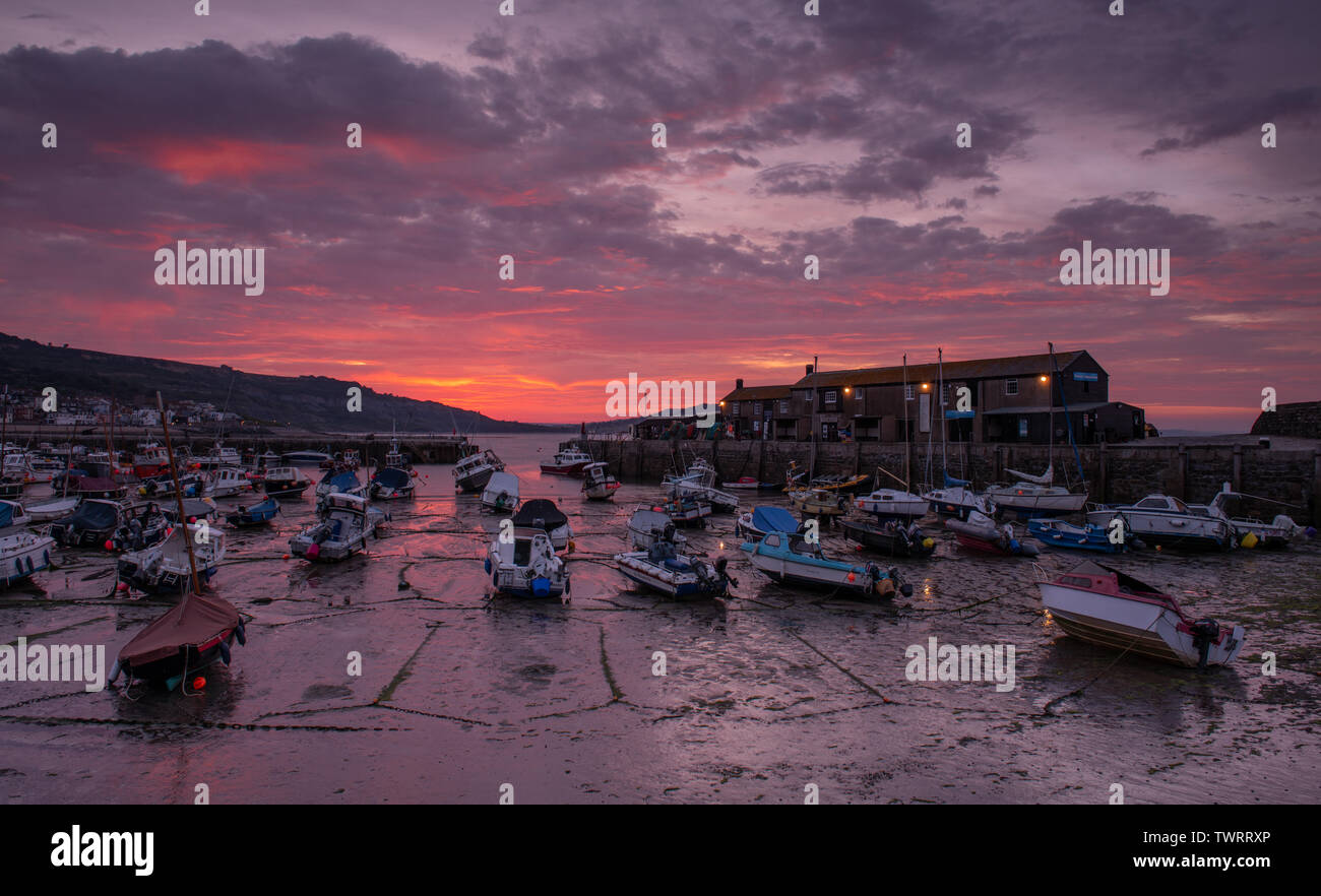 Lyme Regis, Dorset, Großbritannien. 23. Juni 2019. UK Wetter: der Himmel über dem historischen Cobb Hafen glüht mit leuchtend roten Sonnenaufgang Farben als Firey Wolken bringen einen Urlaub in der Sonne in Lyme Regis am Sonntag Morgen. Credit: Celia McMahon/Alamy Leben Nachrichten. Stockfoto