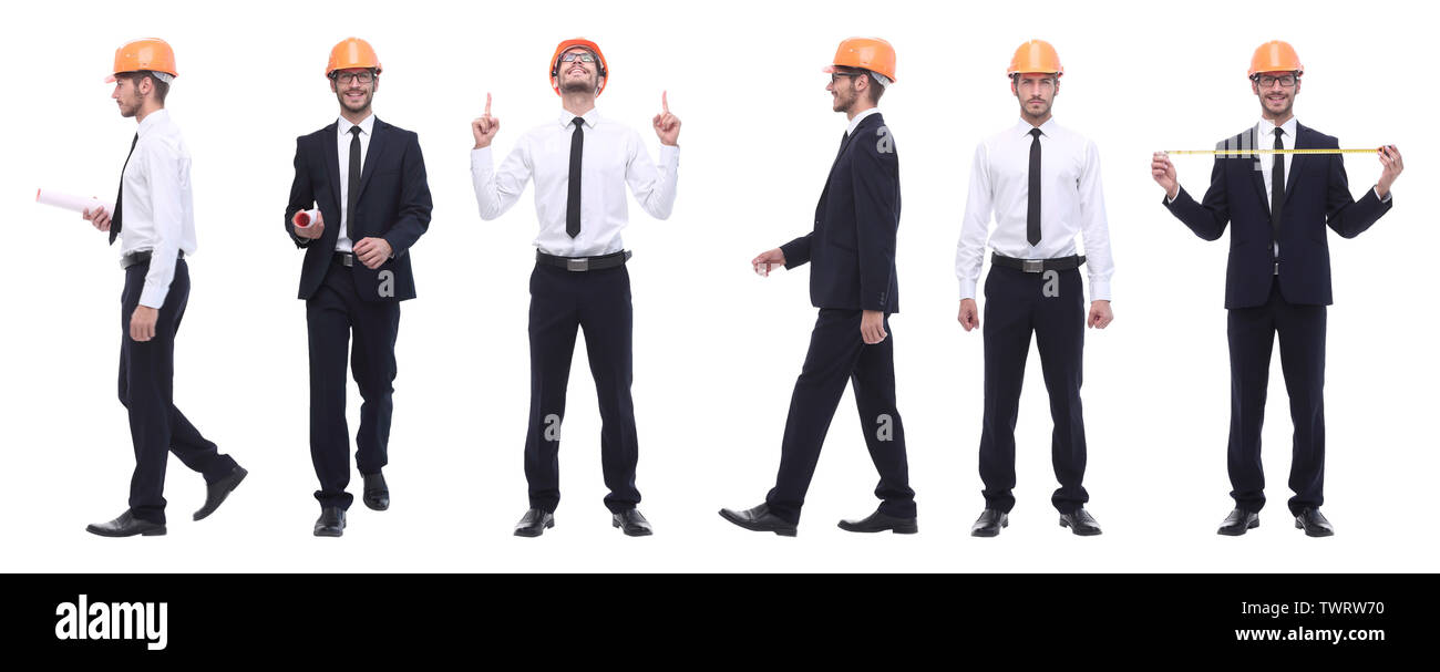 Panorama Foto Collage von qualifizierten Architekten isoliert auf weißem Stockfoto