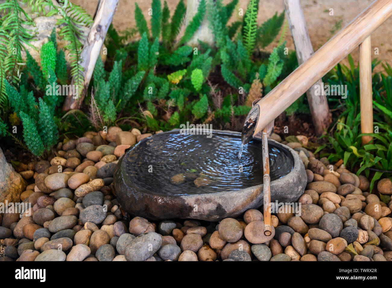 Bambus flieendes Wasser im Becken aus Stein Dekoration im Garten  Stockfotografie - Alamy