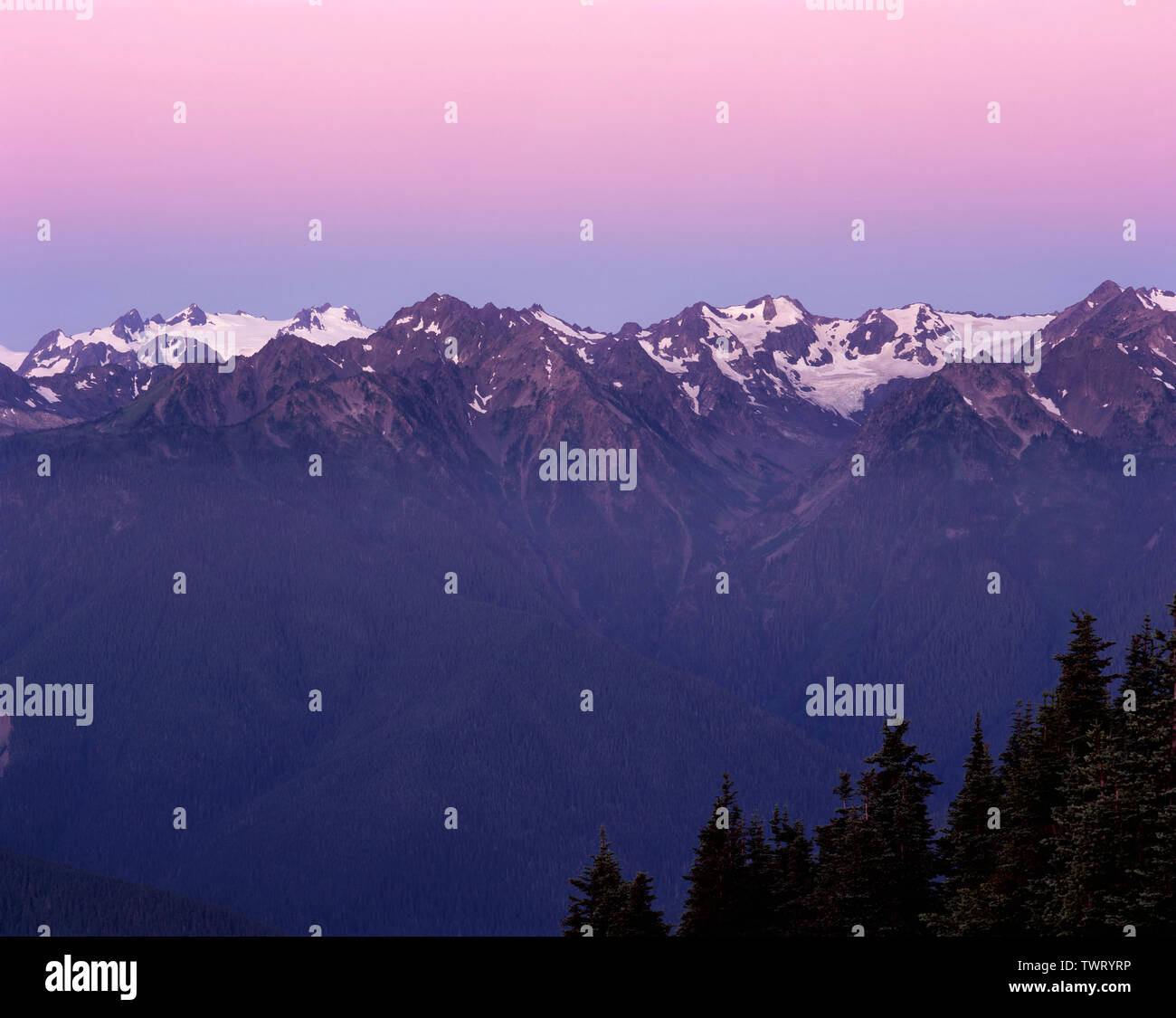 USA, Washington, Olympic National Park, bunt Dämmerung Himmel über Mt. Olympus (links) und Gipfeln der Bailey (rechts), von Hurrican Ridge. Stockfoto