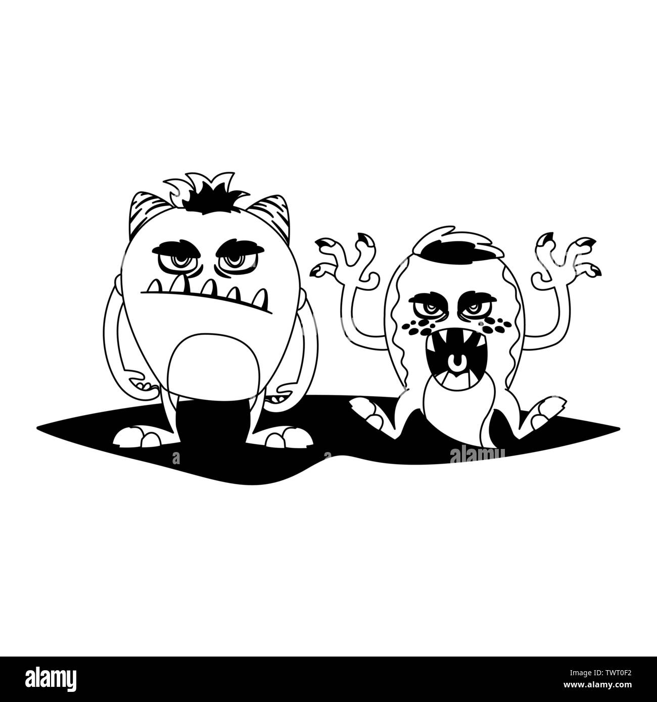 Lustige Monster paar komische Zeichen monochromen Vector Illustration Design Stock Vektor