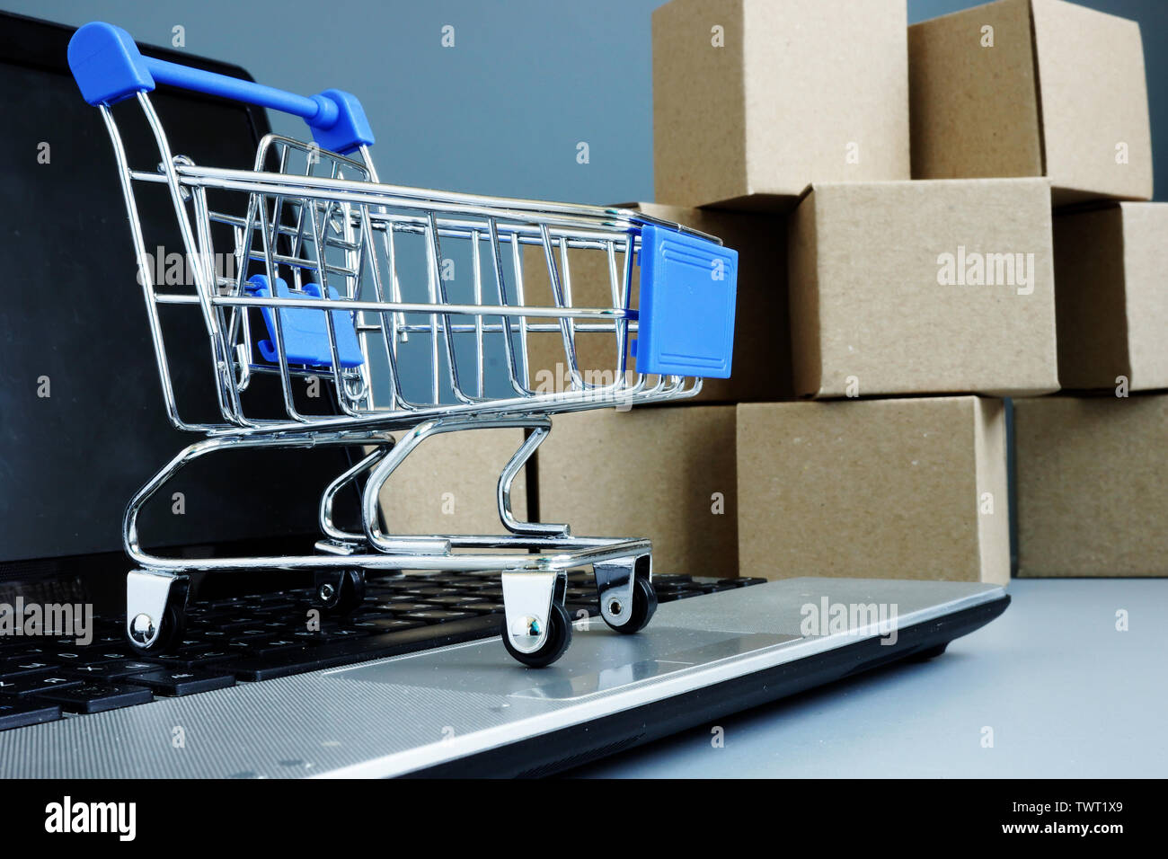E-Commerce und Online-shopping-Konzept. Boxen und Shopping Card auf einem Laptop. Stockfoto
