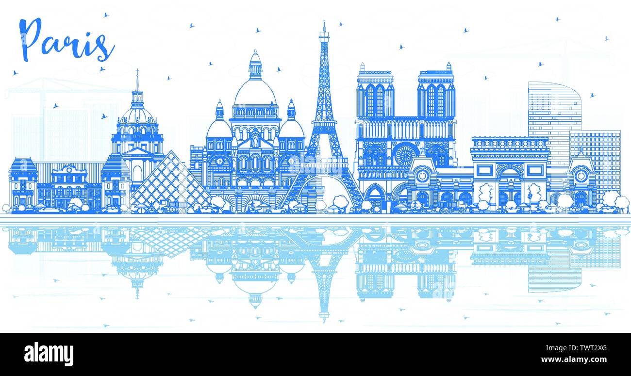 Übersicht Paris Frankreich Skyline der Stadt mit blauen Gebäude und Reflexionen. Vector Illustration. Business Travel und Konzept mit historischer Architektur. Stock Vektor