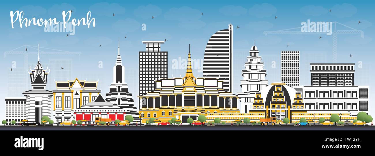 Phnom Penh Kambodscha Skyline der Stadt mit Gebäuden und blauer Himmel. Vector Illustration. Business Travel und Tourismus Konzept. Stock Vektor