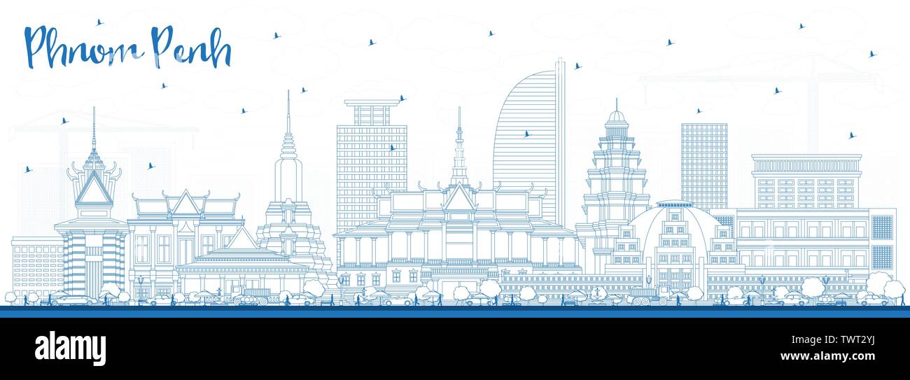 Umrisse Phnom Penh Kambodscha Skyline der Stadt mit blauen Gebäude. Vector Illustration. Business Travel und Tourismus Konzept mit historischer Architektur. Stock Vektor