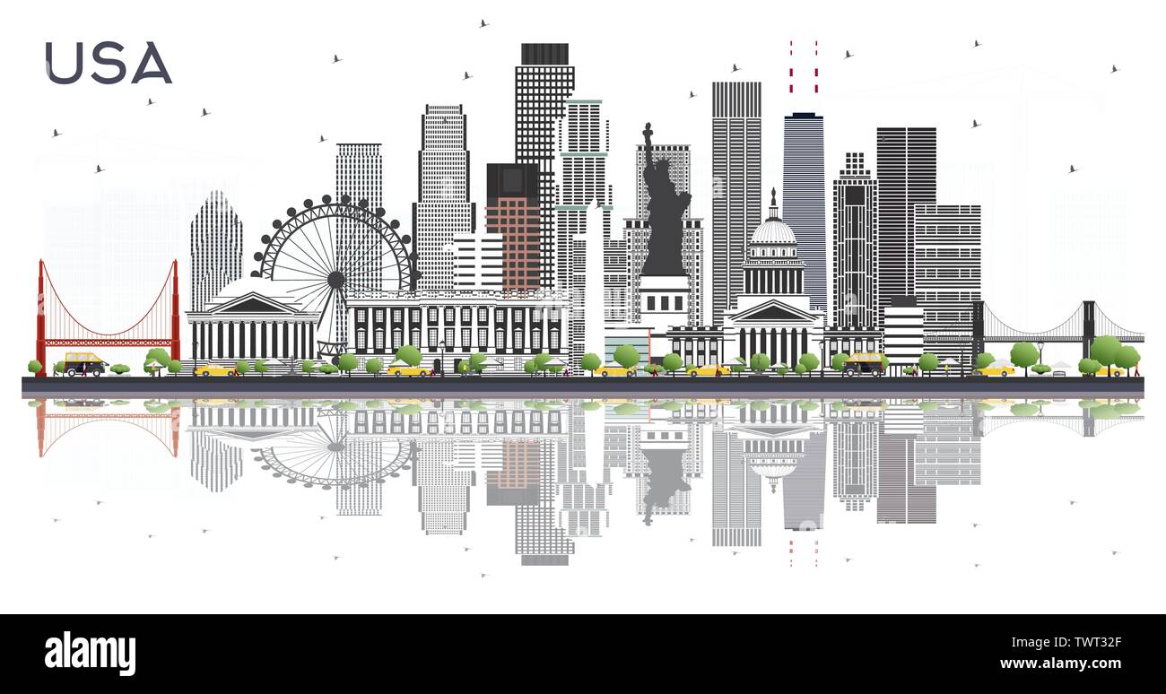 USA Skyline der Stadt mit grauen Gebäuden und Reflexionen isoliert auf Weiss. Vector Illustration. Business Travel und Tourismus Konzept. Stock Vektor