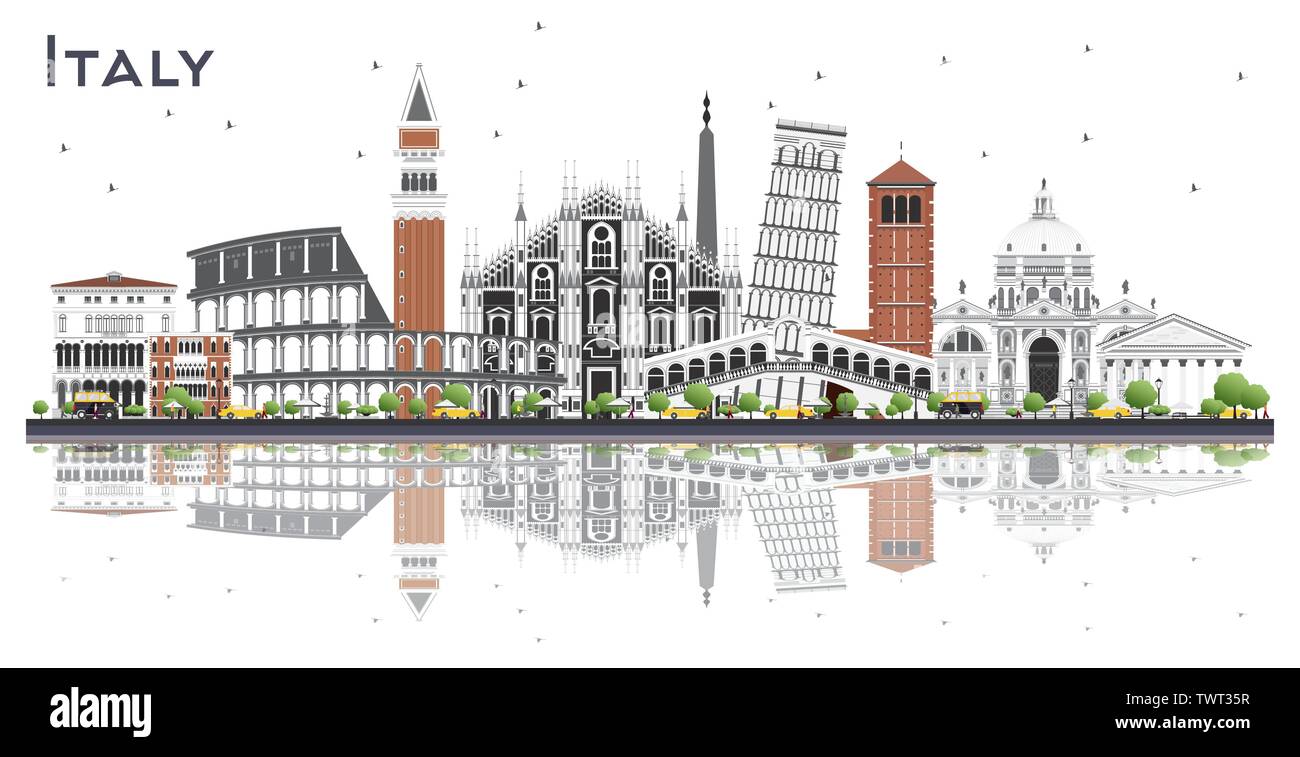 Italien City Skyline mit grauen Gebäuden und Reflexionen isoliert auf Weiss. Vector Illustration. Business Travel und Tourismus Konzept. Stock Vektor