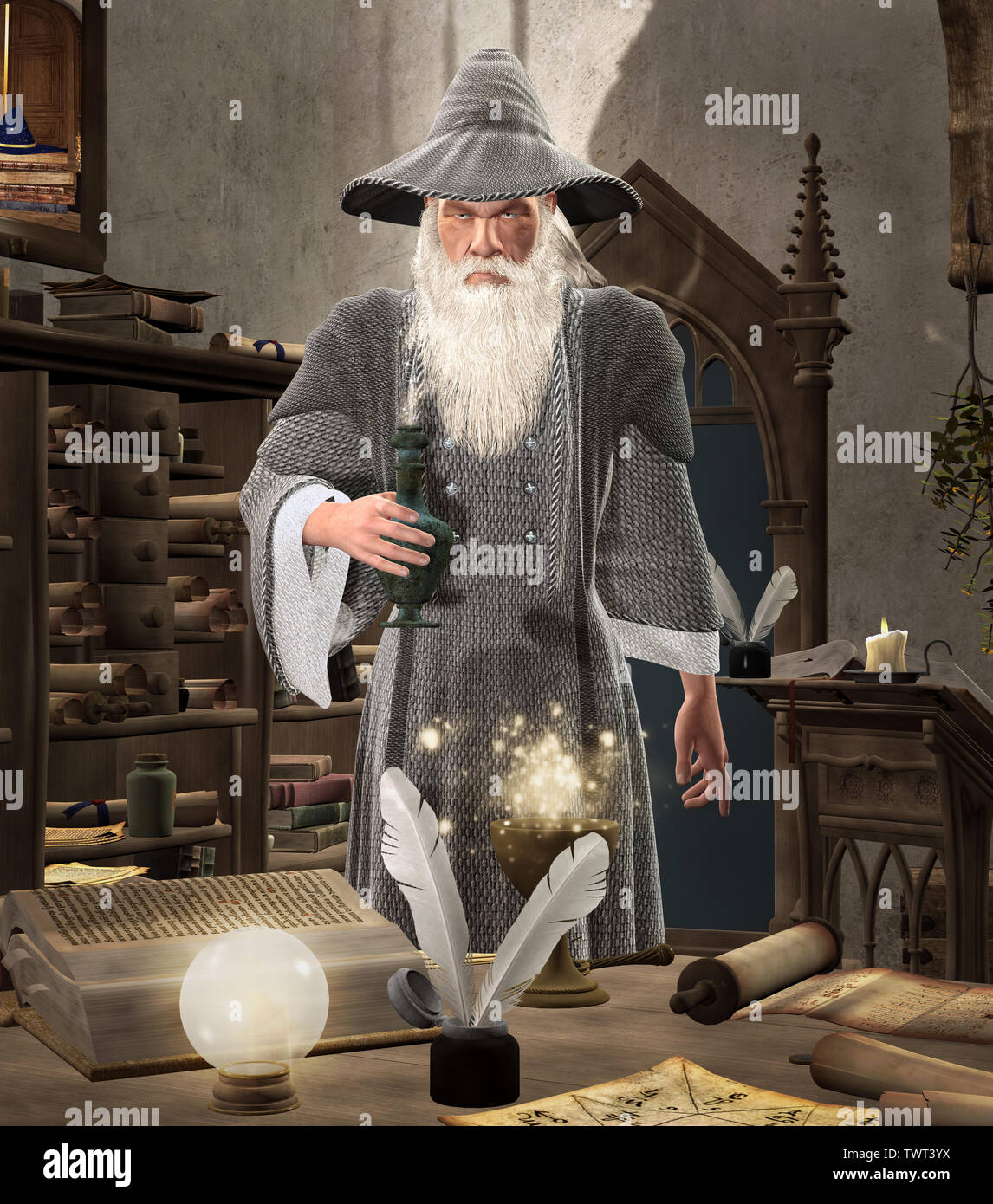 Die geheime Zutat - alte Zauberer mit einem langen, weißen Bart in der Alchemie Kammer Stockfoto