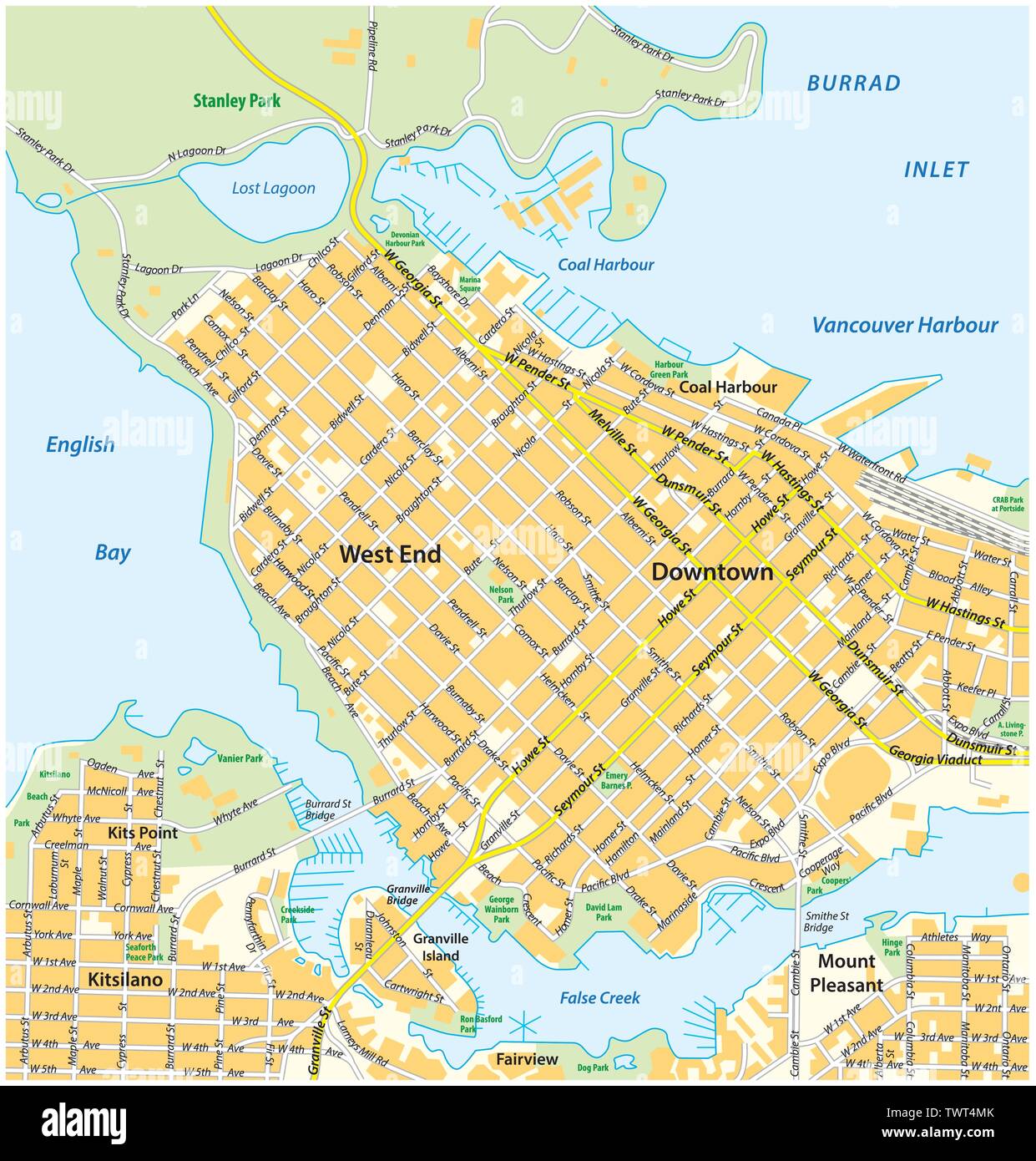 Detaillierter Stadtplan der Innenstadt von Vancouver, British Columbia, Kanada Stock Vektor