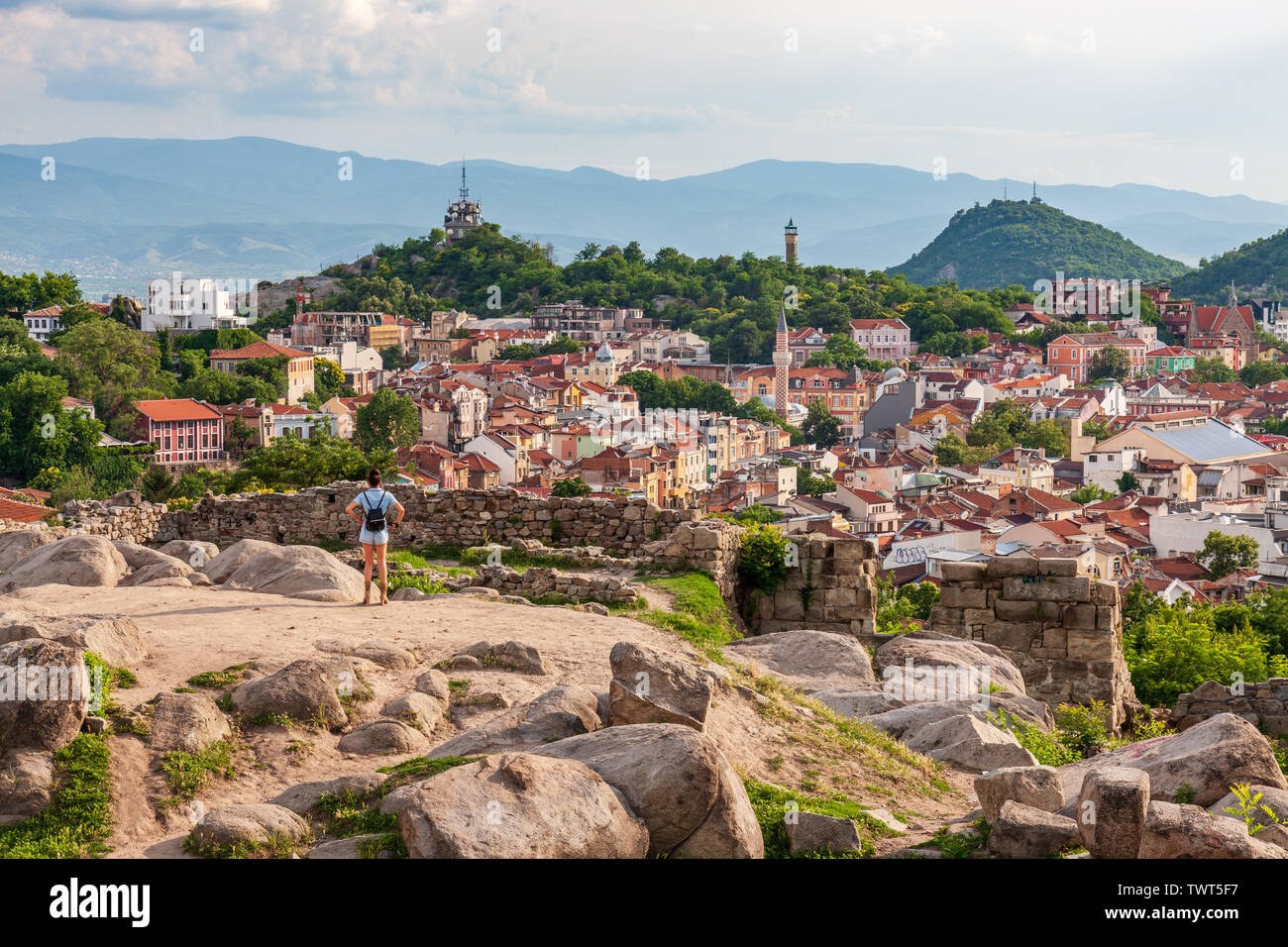 Plovdiv, Bulgarien, Europa - Blick auf die Alte Wand- und Plovdiv Skyline der Stadt. Stockfoto