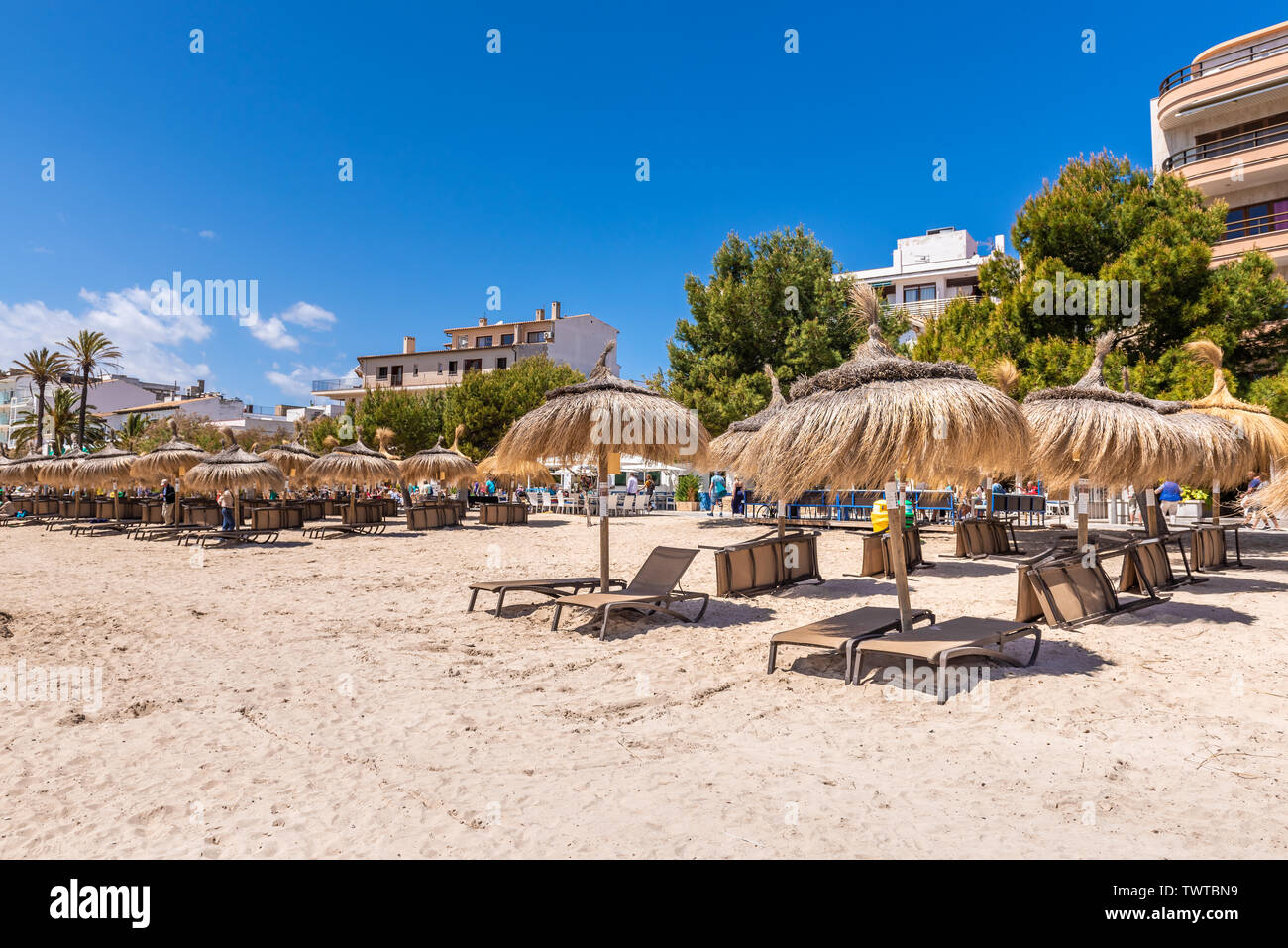 MALLORCA, SPANIEN - 6. Mai 2019: Stroh Sonnenschirme am Strand in Port de Pollenca (Puerto Pollensa), einem beliebten Family Resort im nord-westlich von mallor Stockfoto