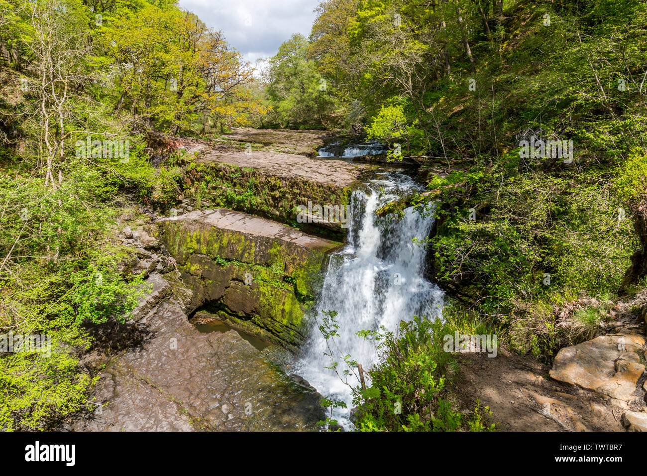 Die Afon Mellte Kaskaden über Sgwd Clun - gwyn Wasserfall an der vier Wasserfälle in den Brecon Beacons National Park, Powys, Wales, UK Spaziergang Stockfoto