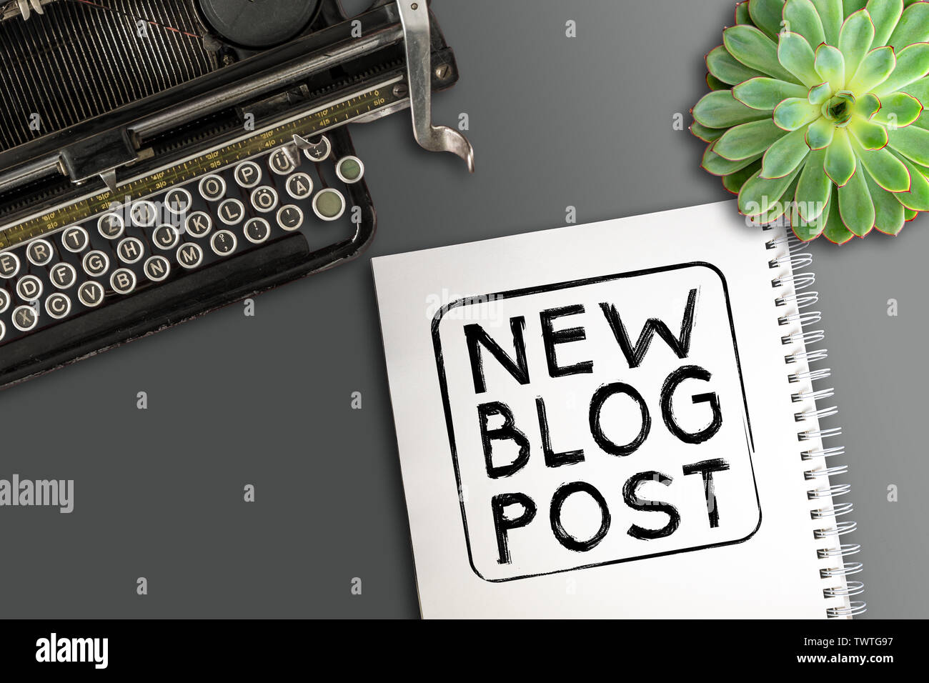 Blick von oben auf die Worte neuen Blog-eintrag auf Spirale geschrieben - Editor auf dem Schreibtisch mit sukkulenten Pflanzen und alte Schreibmaschine gebunden Stockfoto