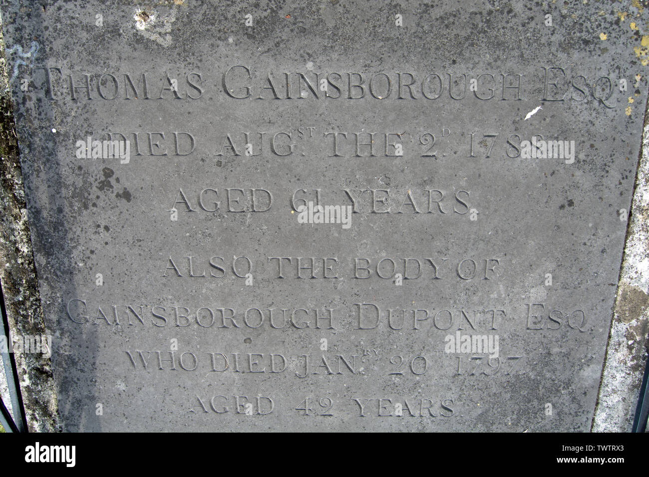 Inschrift auf dem Grab des 18. Jahrhunderts Künstler Thomas Gainsborough im Kirchhof der St. Anna Kirche, Kew, London, England Stockfoto