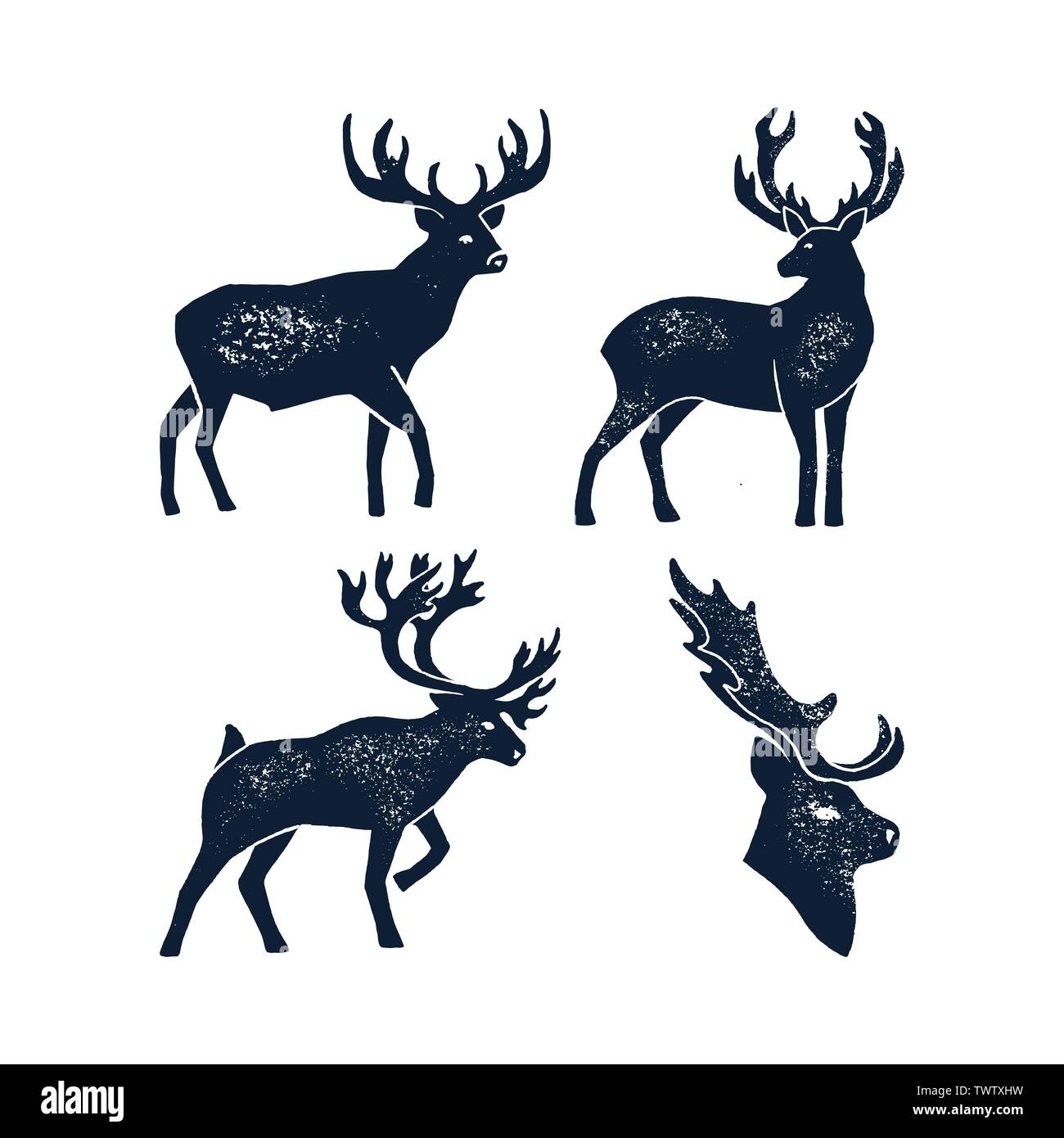 Set Hand zeichnen Rotwild Silhouette Grunge. Vector Illustration eines wilden Tieres Hirsch isoliert auf einem weißen Hintergrund mit einem abgenutzten Textur. Element für Logo, Stock Vektor