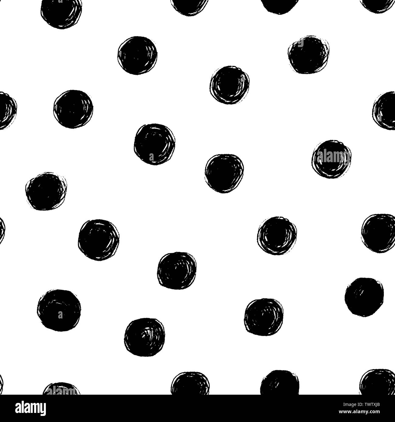 Vektor nahtlose Hand zeichnen Polka Dot Bürste schwarz-weißen Muster. Monochrome skandinavischen Hintergründe der einfachen Primitiven mit Punkten für textile Desig Stock Vektor